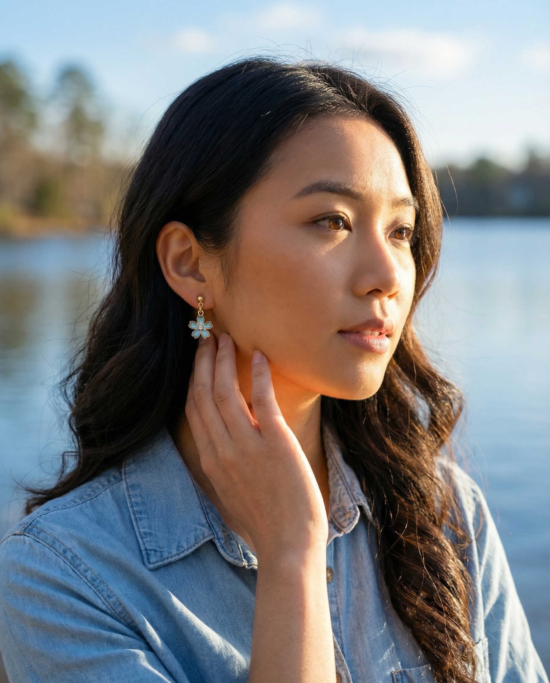 Japanese Cherry Blossom Dangle Stud Earrings with Rhinestone – Gold-Tone with Enamel & Sparkling Center