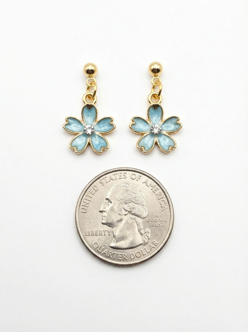 Japanese Cherry Blossom Dangle Stud Earrings with Rhinestone – Gold-Tone with Enamel & Sparkling Center