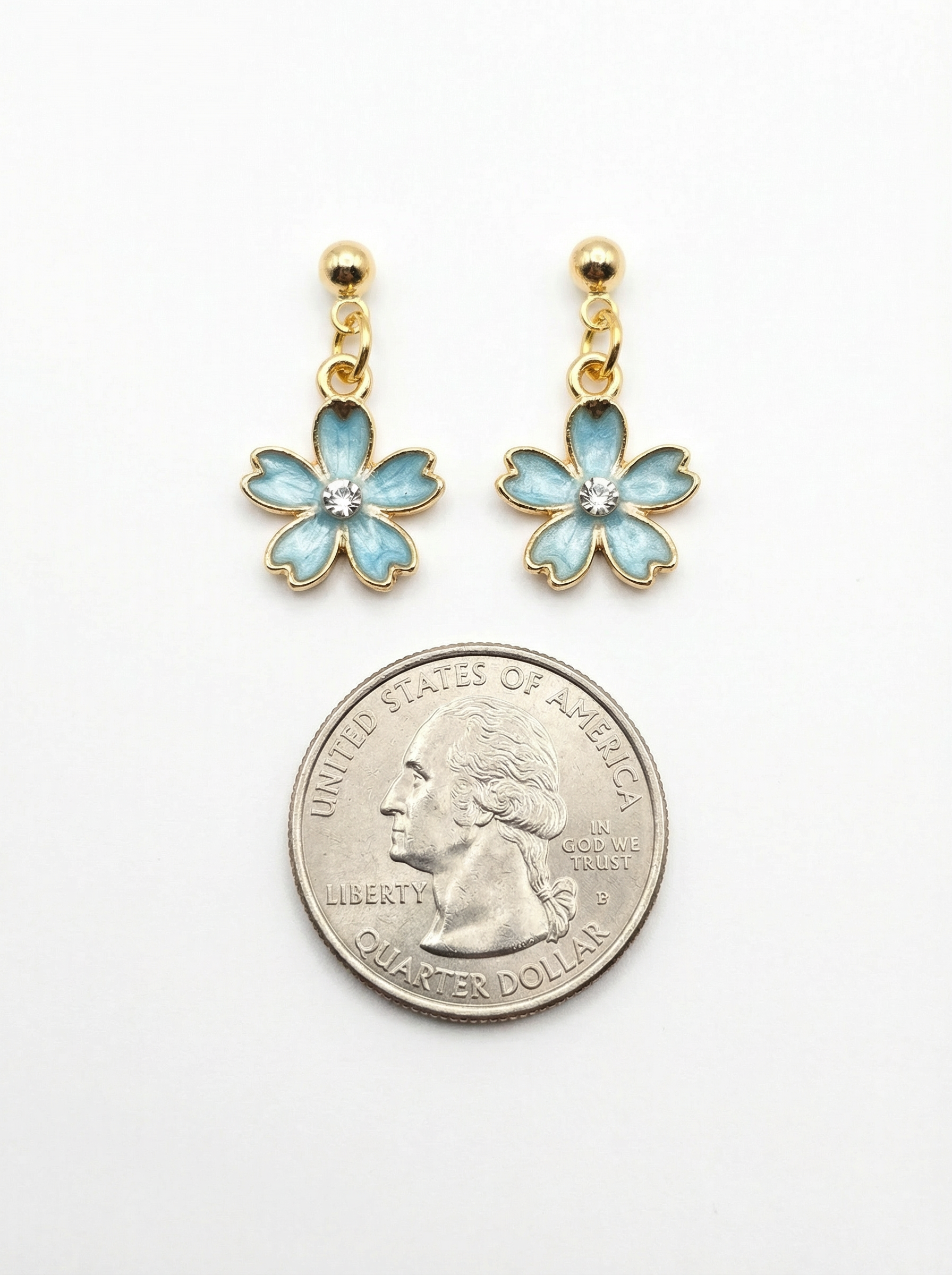 Japanese Cherry Blossom Dangle Stud Earrings with Rhinestone – Gold-Tone with Enamel & Sparkling Center