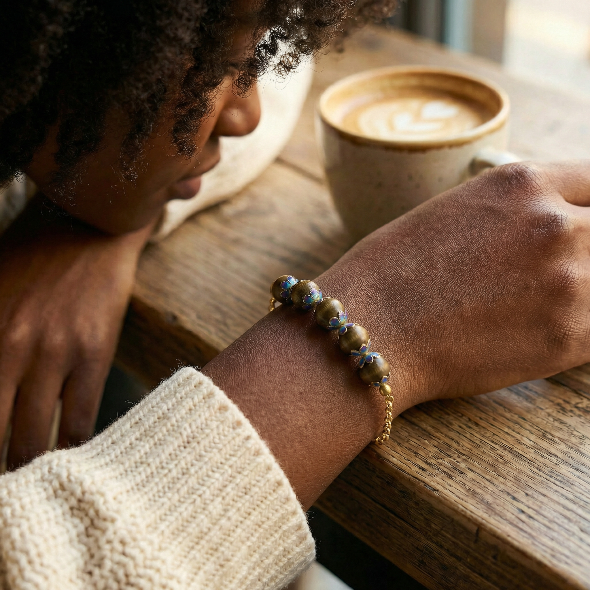 Blue Floral Wooden Bead Bracelet – 14K Gold Plated Rolo Chain – Adjustable 7"–7.5"