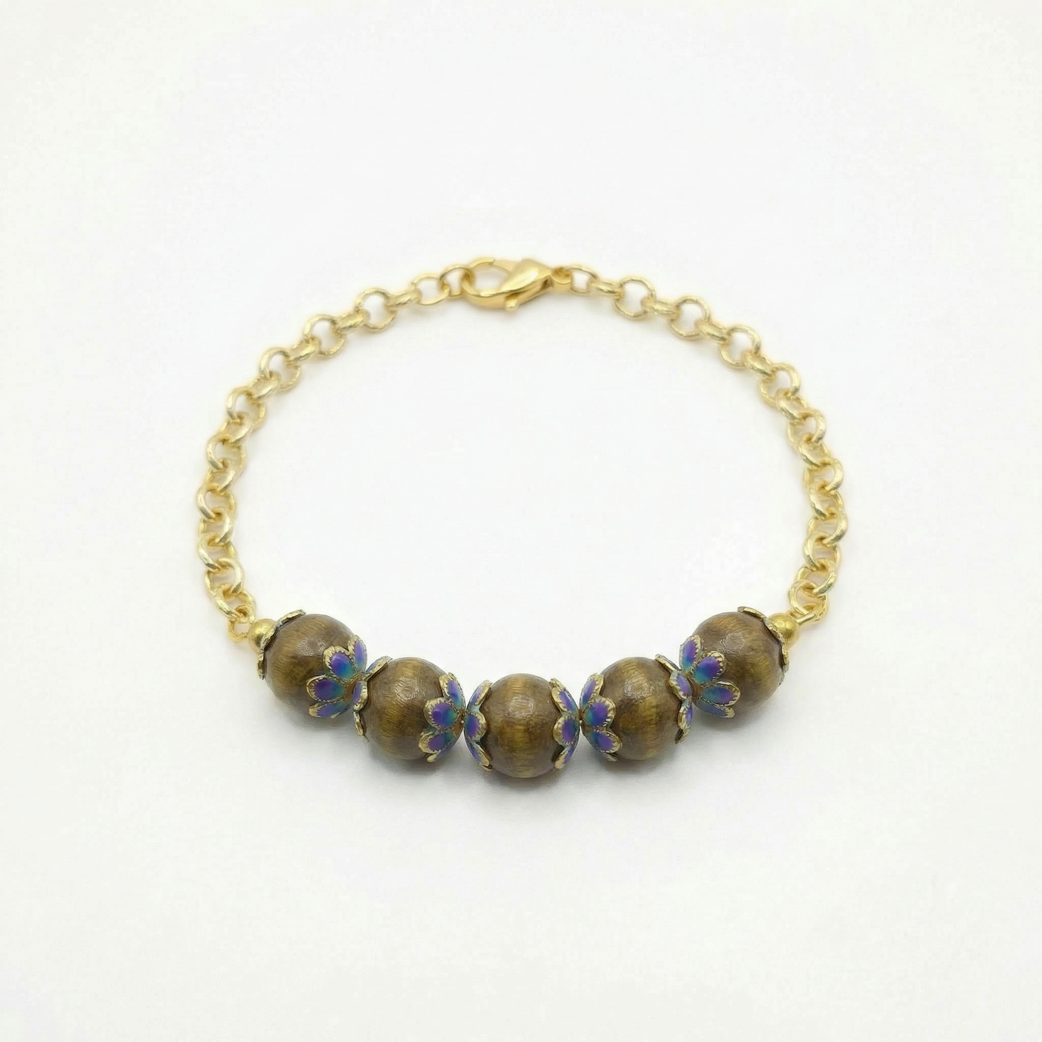 Blue Floral Wooden Bead Bracelet – 14K Gold Plated Rolo Chain – Adjustable 7"–7.5"