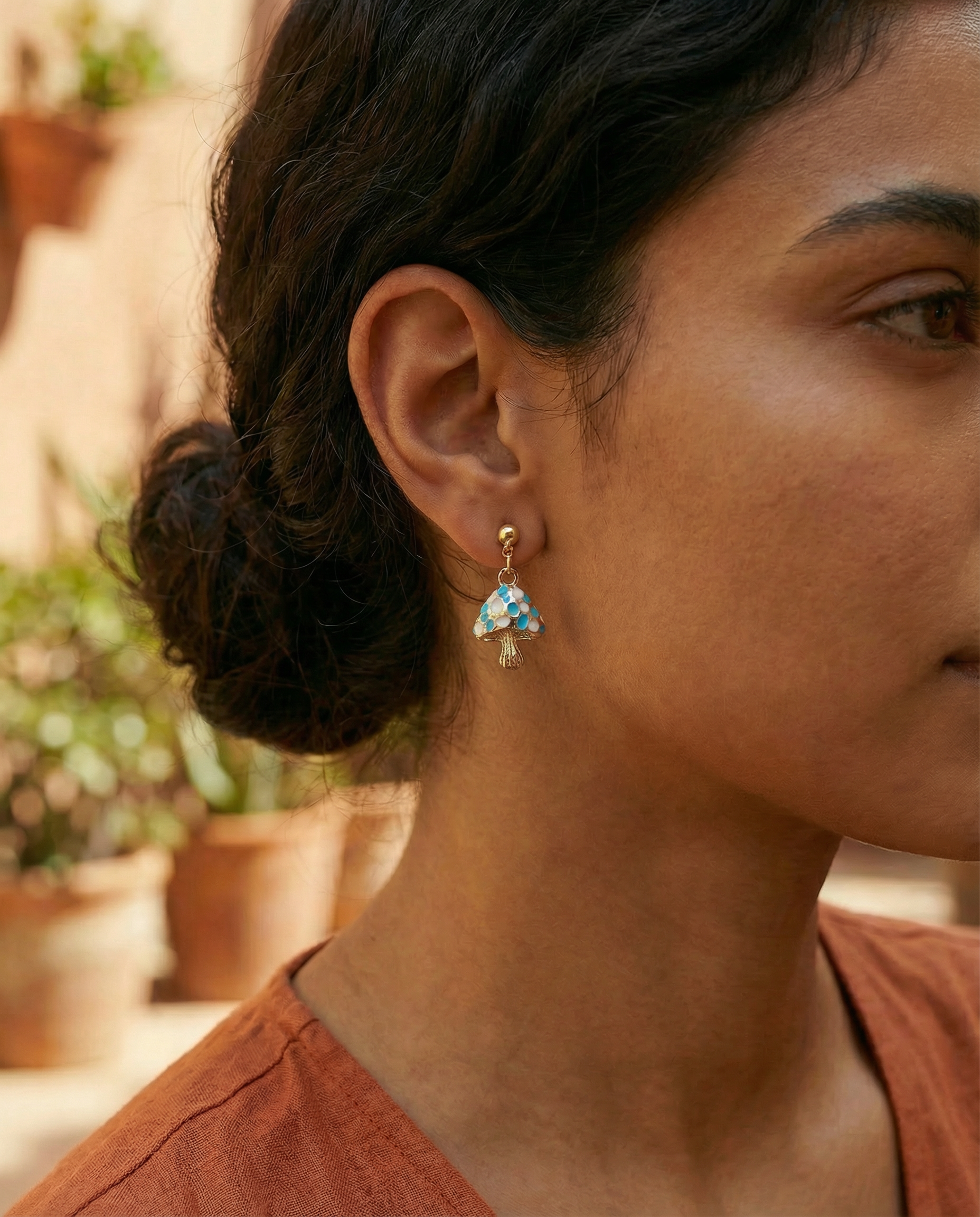 Gold-Tone Whimsical Mushroom Dangle Earrings – Acrylic Filled – Hypoallergenic