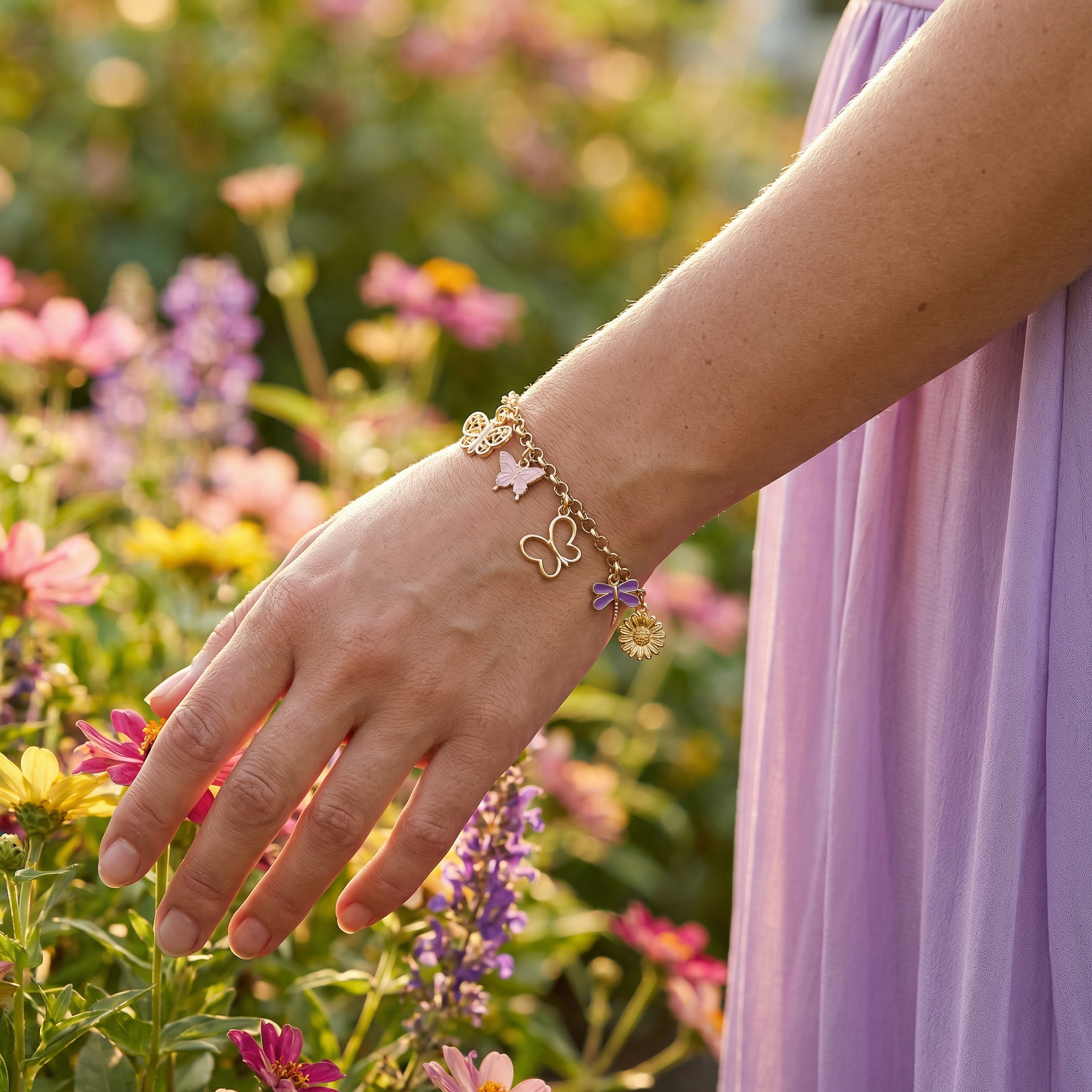 Butterfly, Dragonfly & Daisy Dangle Bracelet – 8" 18K Gold Plated Rolo Chain