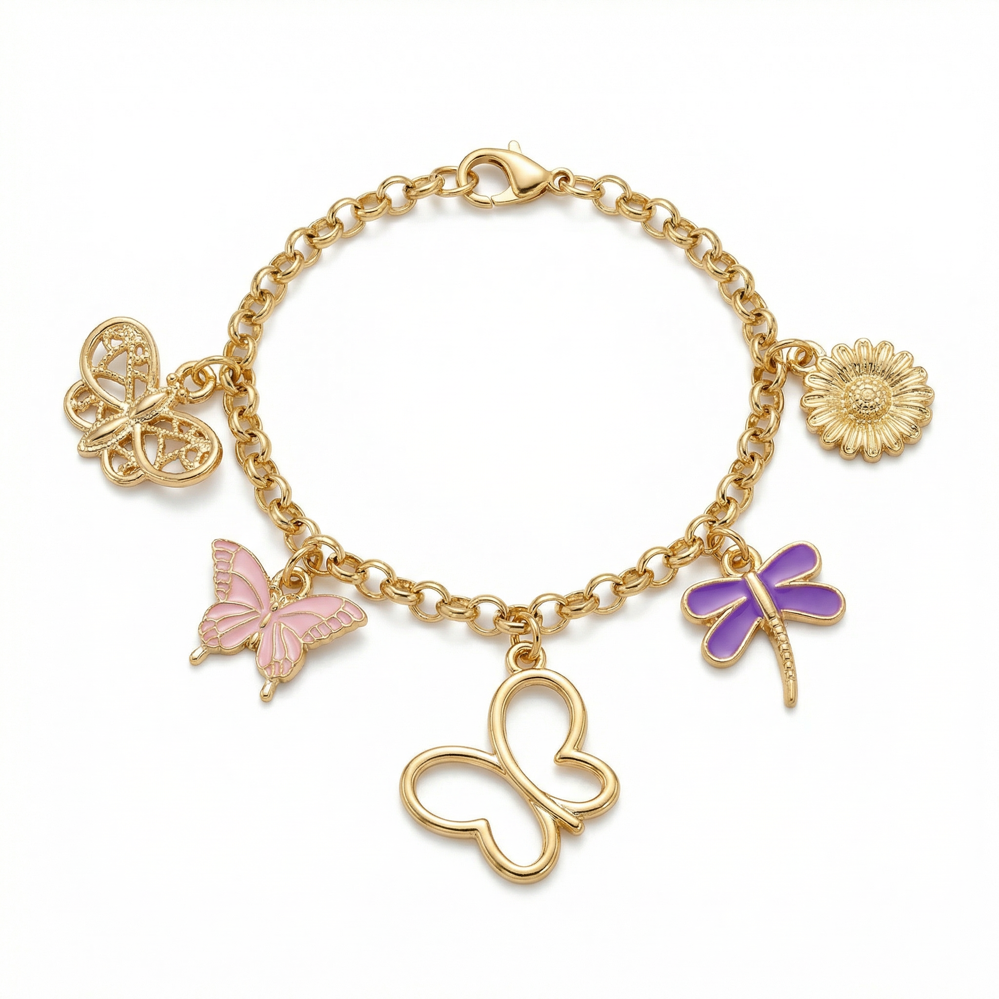 Butterfly, Dragonfly & Daisy Dangle Bracelet – 8" 18K Gold Plated Rolo Chain