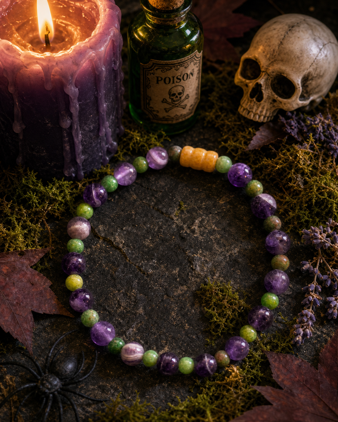 Amethyst & Green Aventurine Bead Bracelet – Yellow Jade Accent – 7.5" Stretch