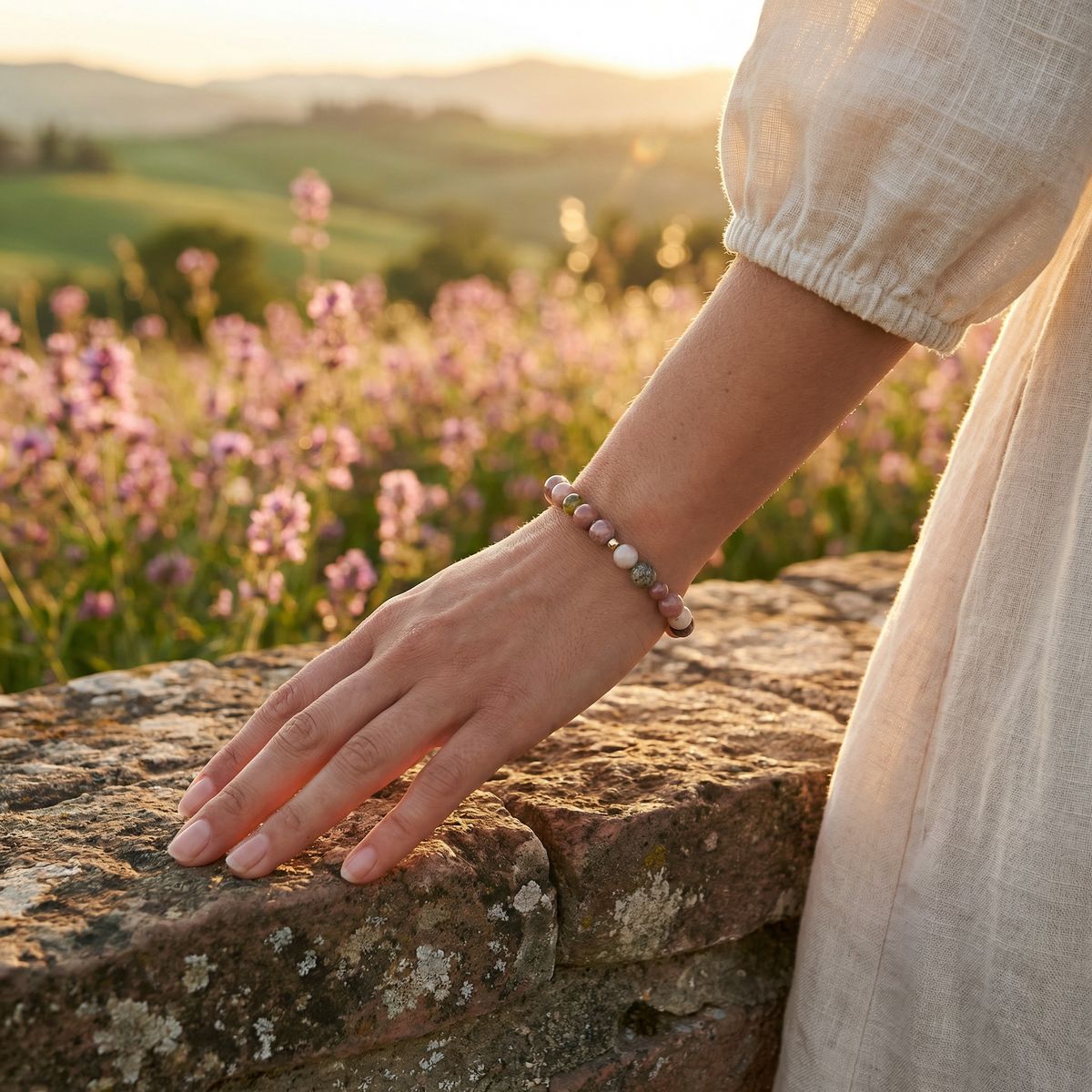 Flower Jasper Bead Bracelet – Gold Accent – 7.5" Stretch