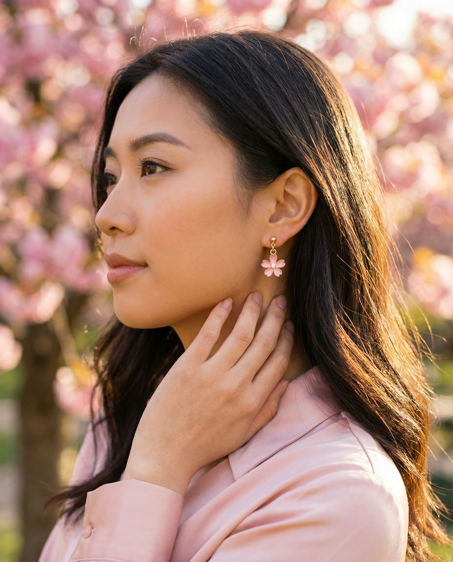 Japanese Cherry Blossom Dangle Stud Earrings with Rhinestone – Gold-Tone with Enamel & Sparkling Center