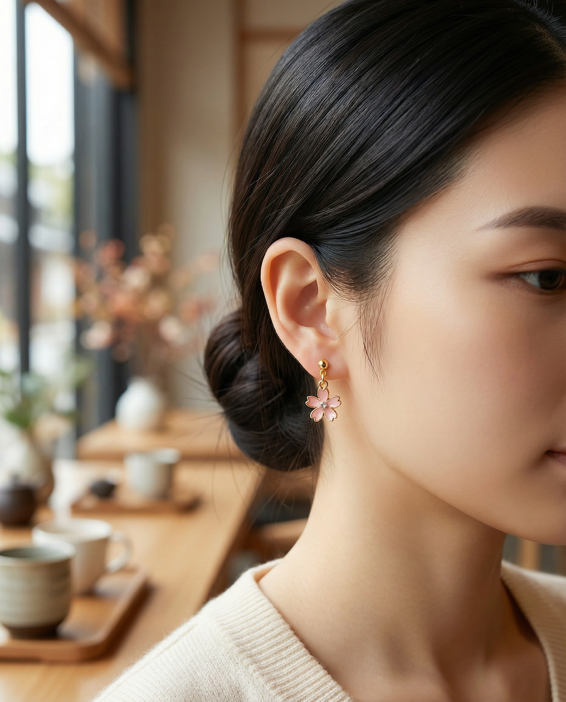 Japanese Cherry Blossom Dangle Stud Earrings with Rhinestone – Gold-Tone with Enamel & Sparkling Center