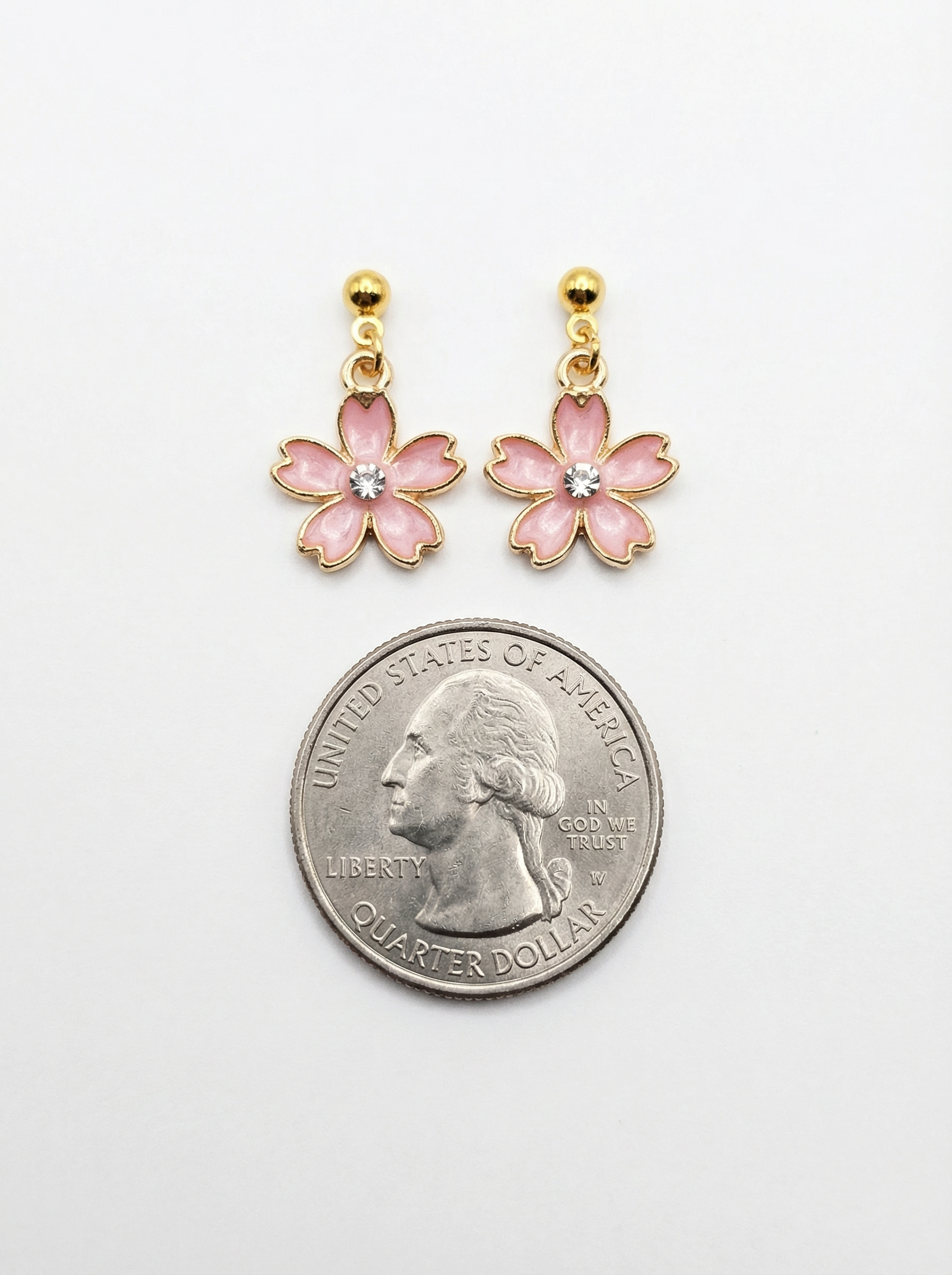 Japanese Cherry Blossom Dangle Stud Earrings with Rhinestone – Gold-Tone with Enamel & Sparkling Center