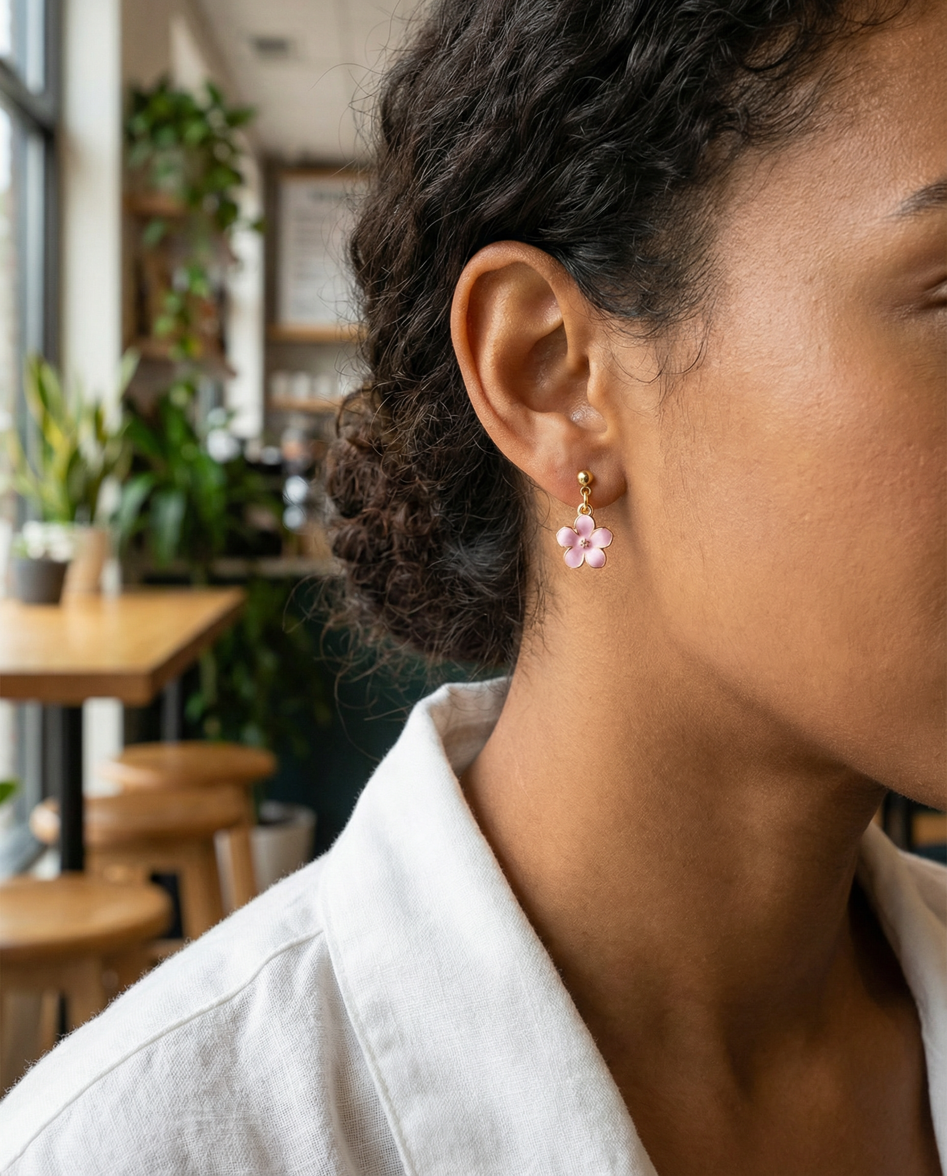 Japanese Cherry Blossom Dangle Stud Earrings without Rhinestone – 18K Gold Plated – Hypoallergenic