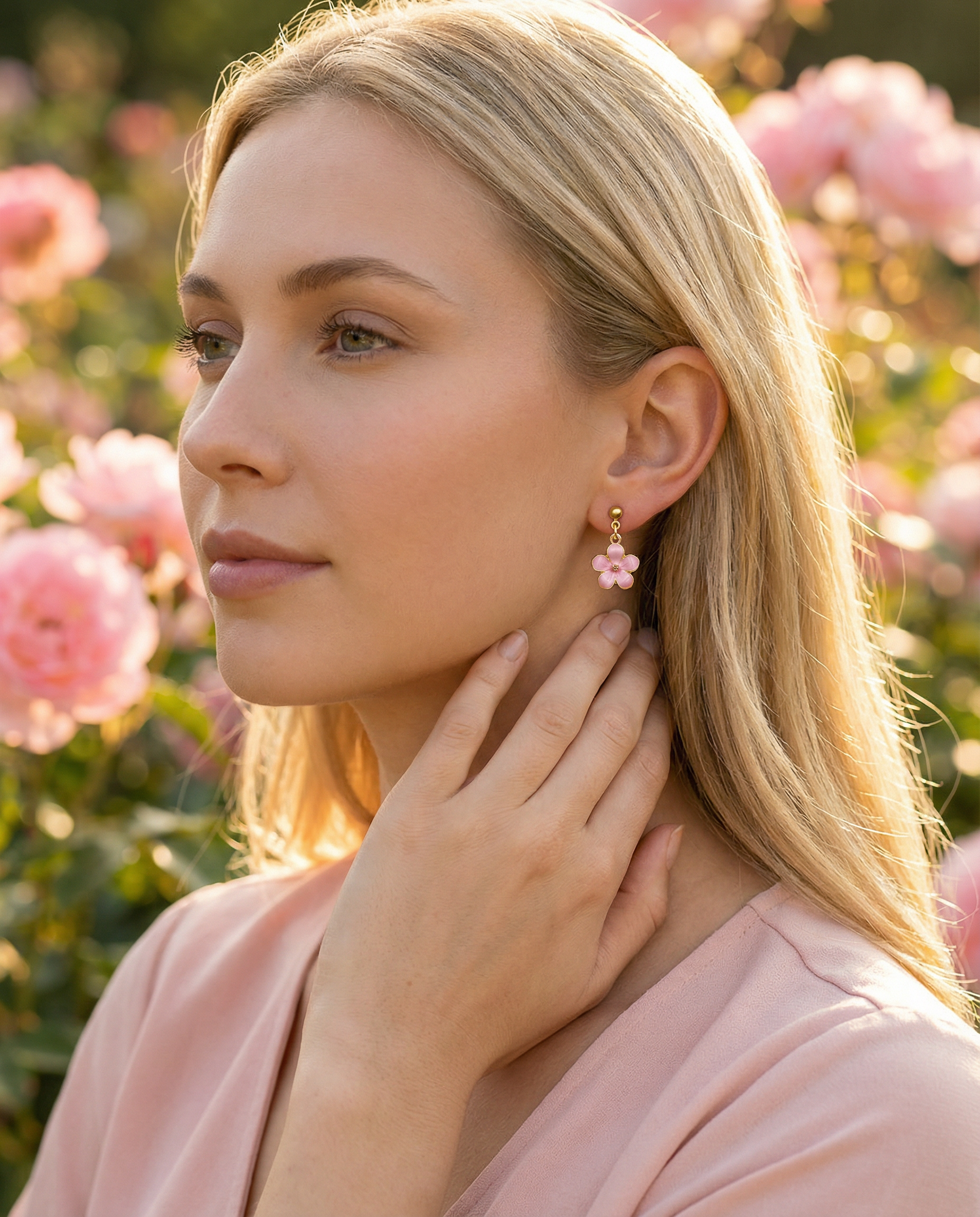 Japanese Cherry Blossom Dangle Stud Earrings without Rhinestone – 18K Gold Plated – Hypoallergenic