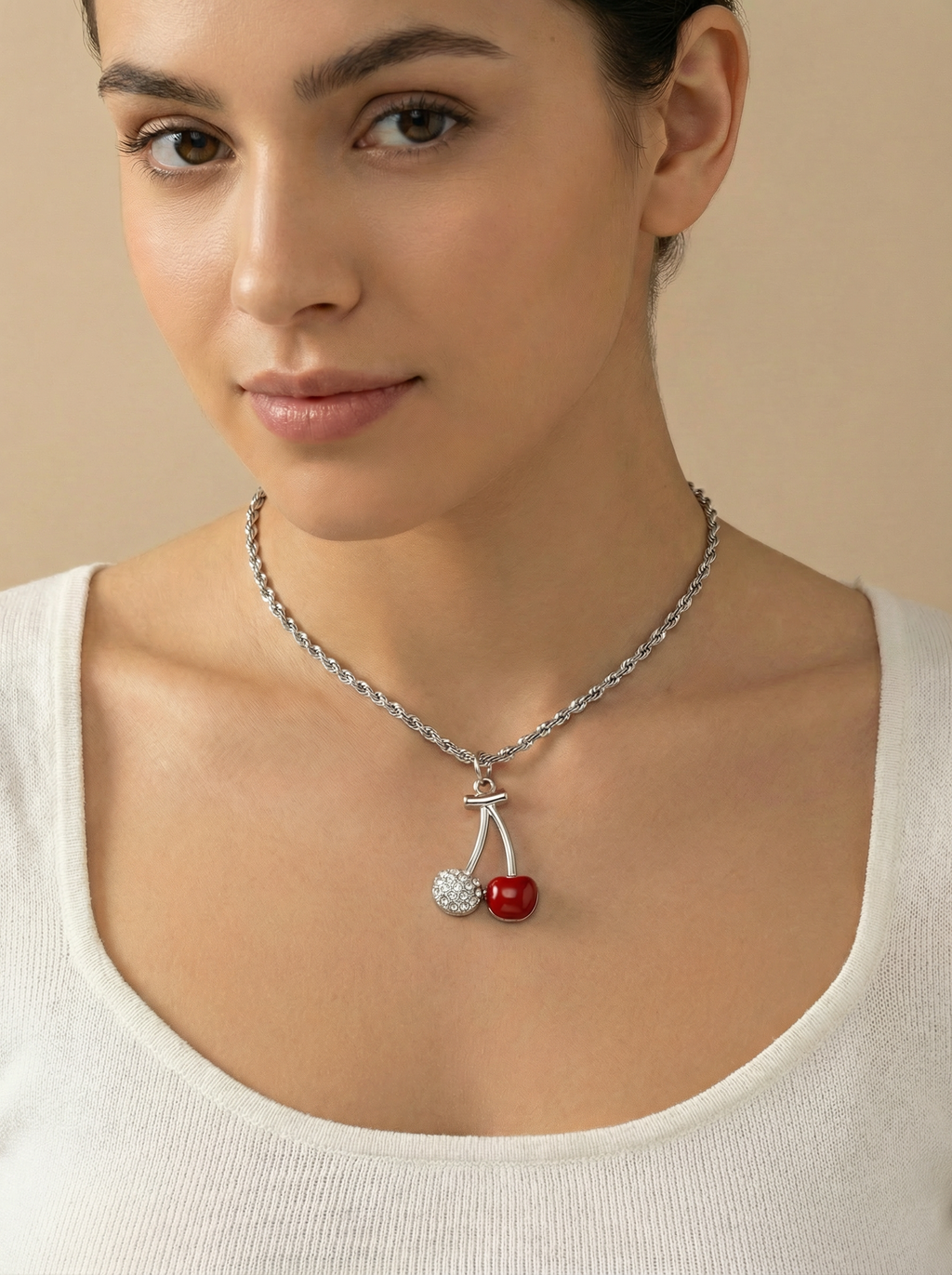 3mm Diamond Cut Stainless Steel Rope Chain Necklace with Cherry Pendant – 17"