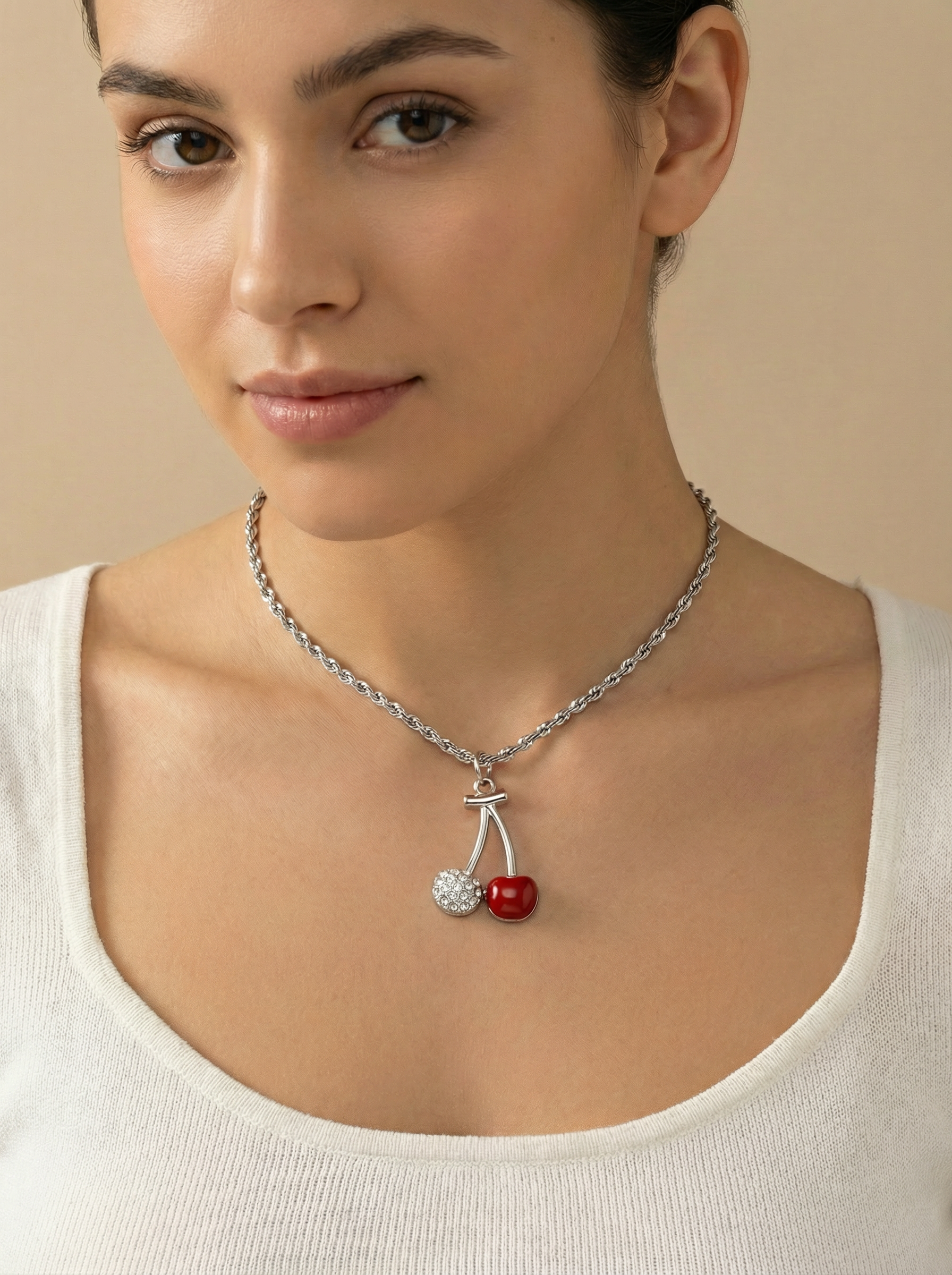 3mm Diamond Cut Stainless Steel Rope Chain Necklace with Cherry Pendant – 17"