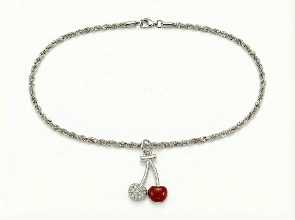 3mm Diamond Cut Stainless Steel Rope Chain Necklace with Cherry Pendant – 17"