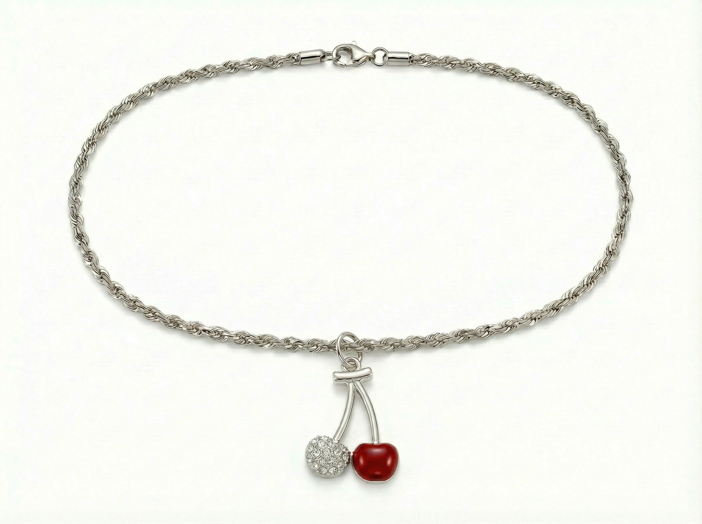 3mm Diamond Cut Stainless Steel Rope Chain Necklace with Cherry Pendant – 17"