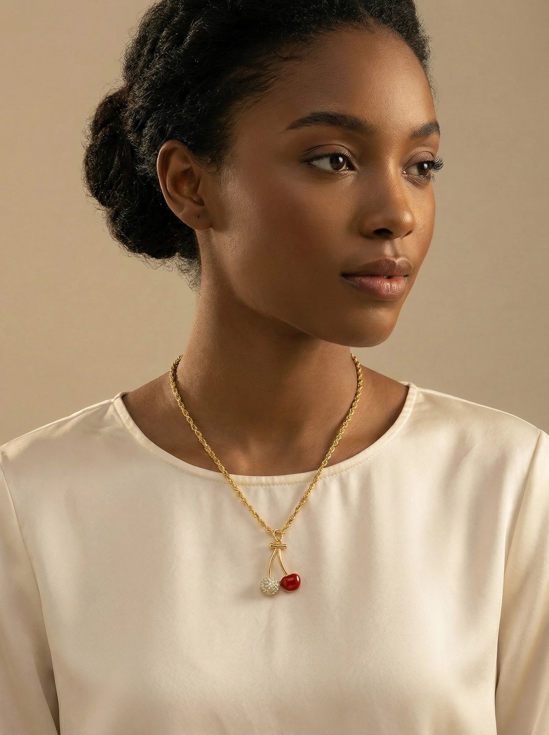 Cherry Pendant Necklace on 18K Gold Plated Rope Chain - Model 2