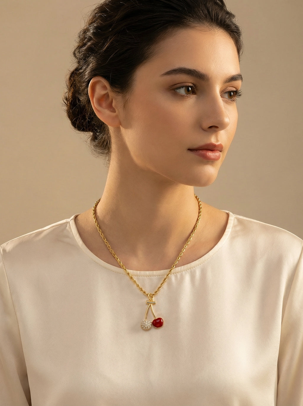 Cherry Pendant Necklace on 18K Gold Plated Rope Chain - Model