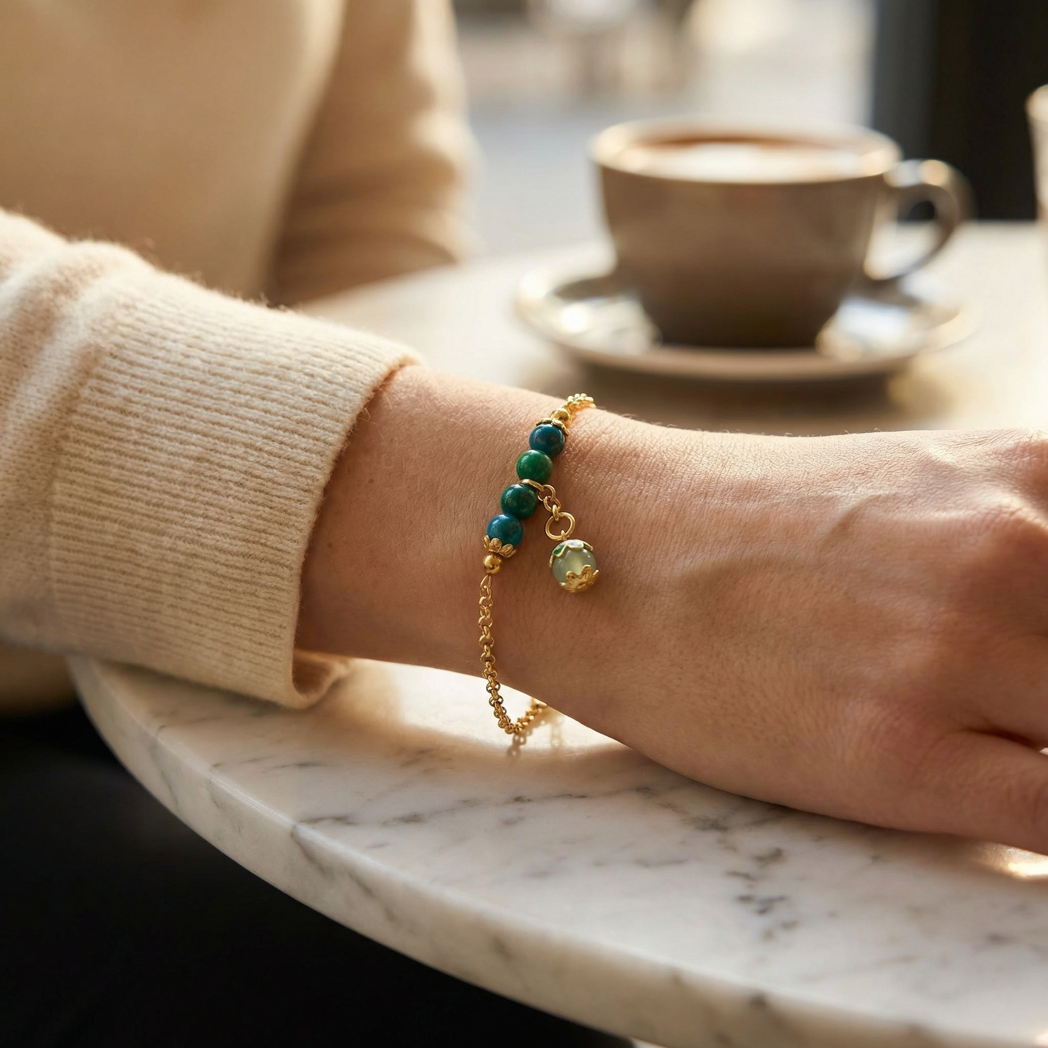 Chrysocolla Bead Micro Cuban Dangle Bracelet – 18K Gold Over Jeweler’s Brass – 7.5"