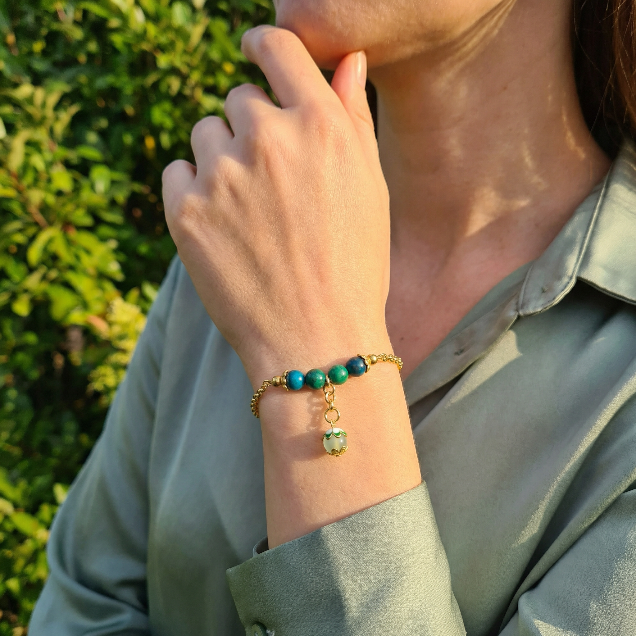 Chrysocolla Bead Micro Cuban Dangle Bracelet – 18K Gold Over Jeweler’s Brass – 7.5"