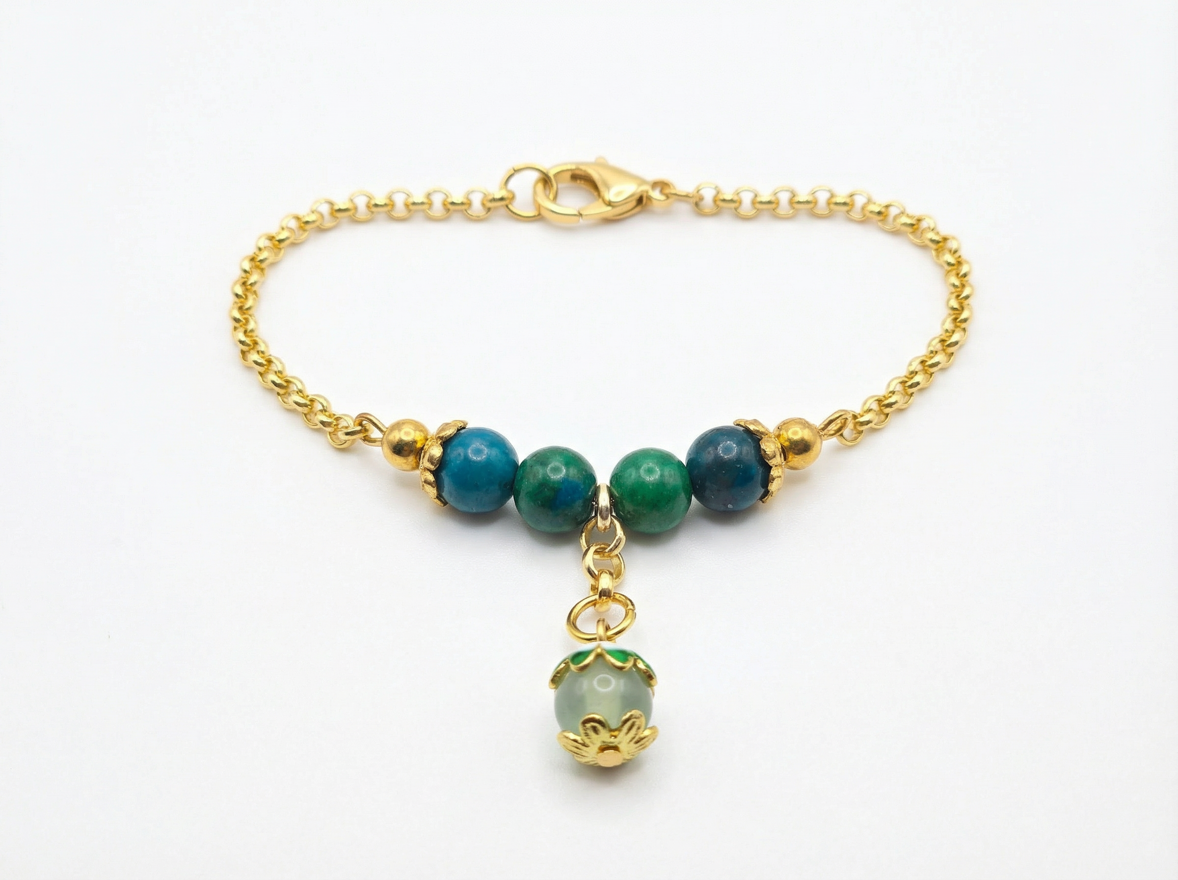 Chrysocolla Bead Micro Cuban Dangle Bracelet – 18K Gold Over Jeweler’s Brass – 7.5"