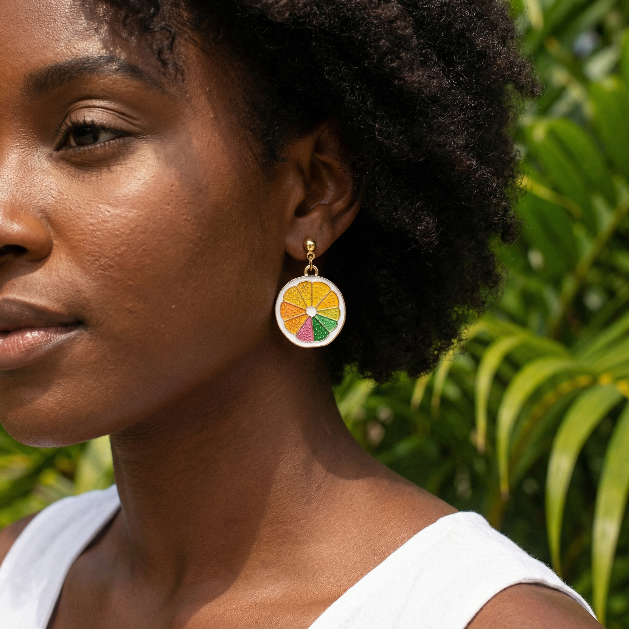 Multicolor Citrus Slice Dangle Stud Earrings – Gold-Tone – Hypoallergenic