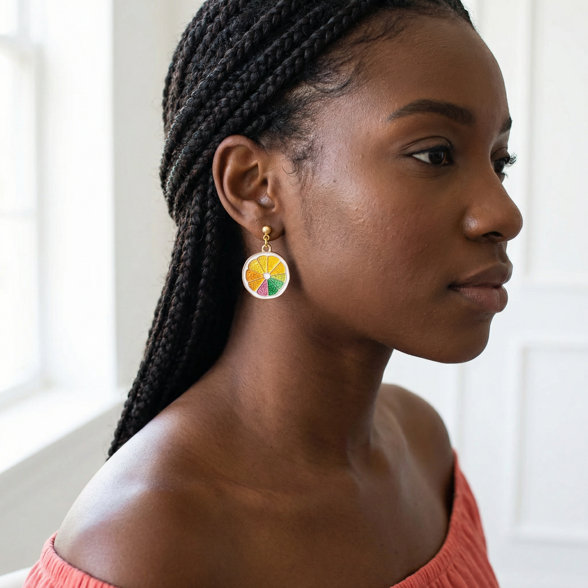 Multicolor Citrus Slice Dangle Stud Earrings – Gold-Tone – Hypoallergenic