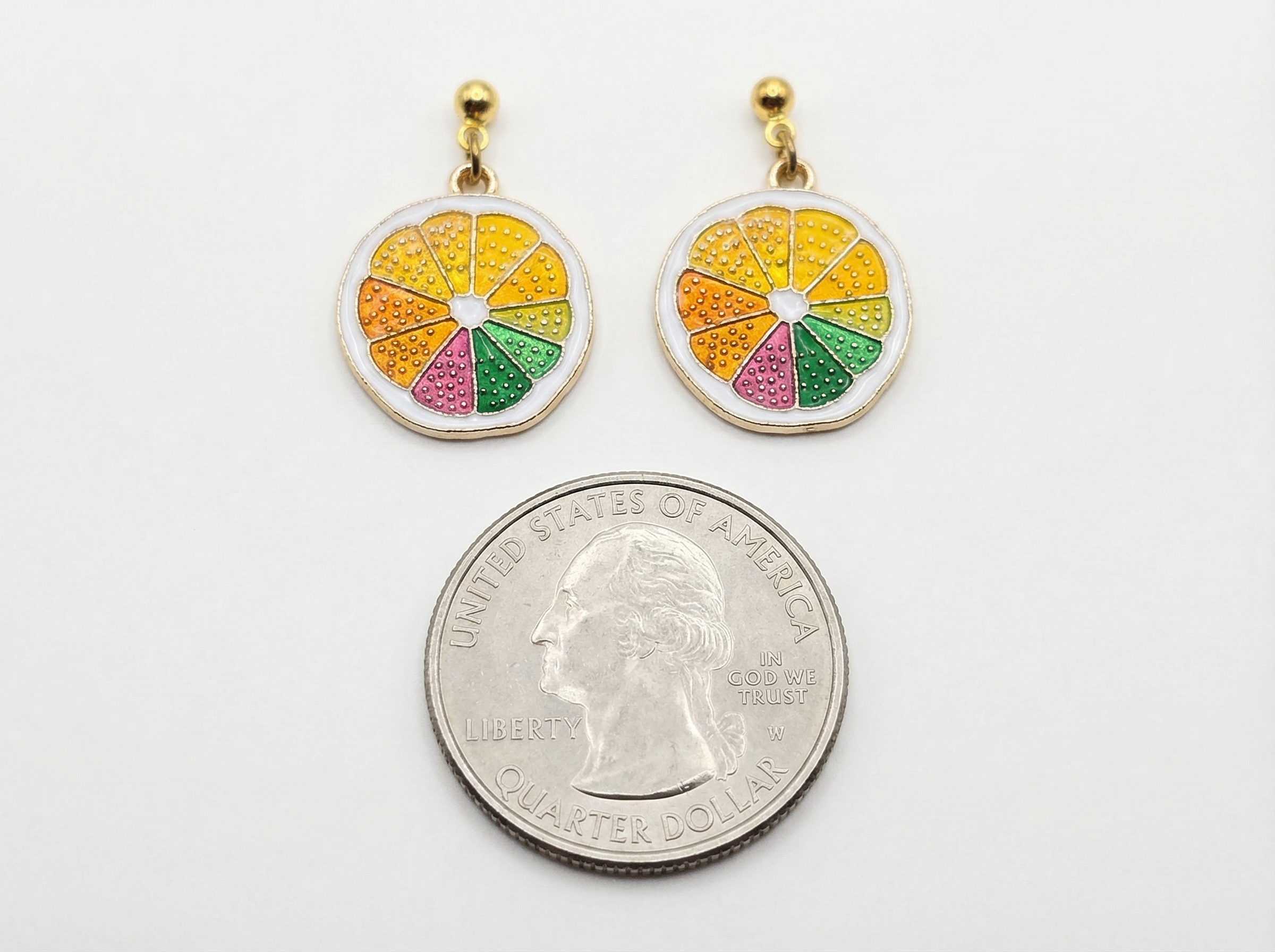 Multicolor Citrus Slice Dangle Stud Earrings – Gold-Tone – Hypoallergenic