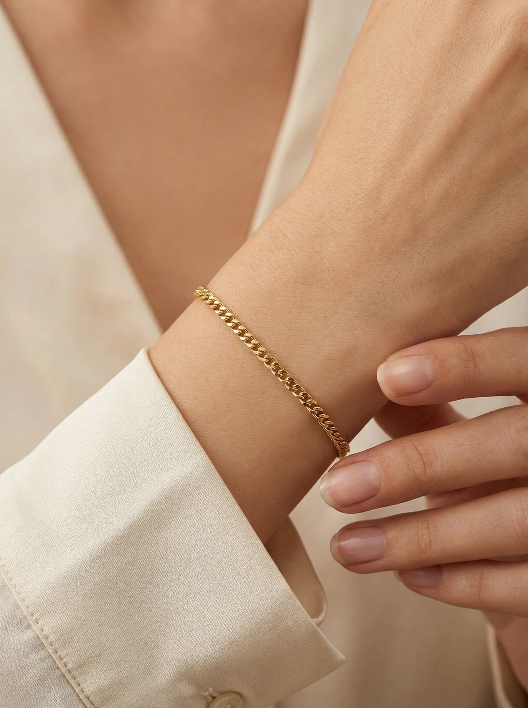 18K Gold-Plated Micro Cuban Link Bracelet - Women's Wrist Close-up