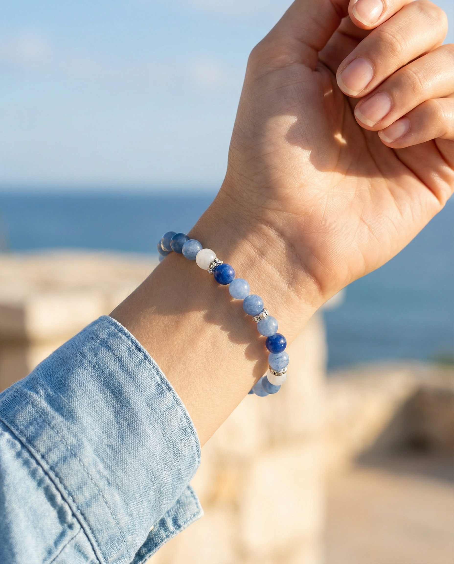 Blue Aventurine & Moonstone Bead Bracelet – Silver Accents – 7.5" Stretch
