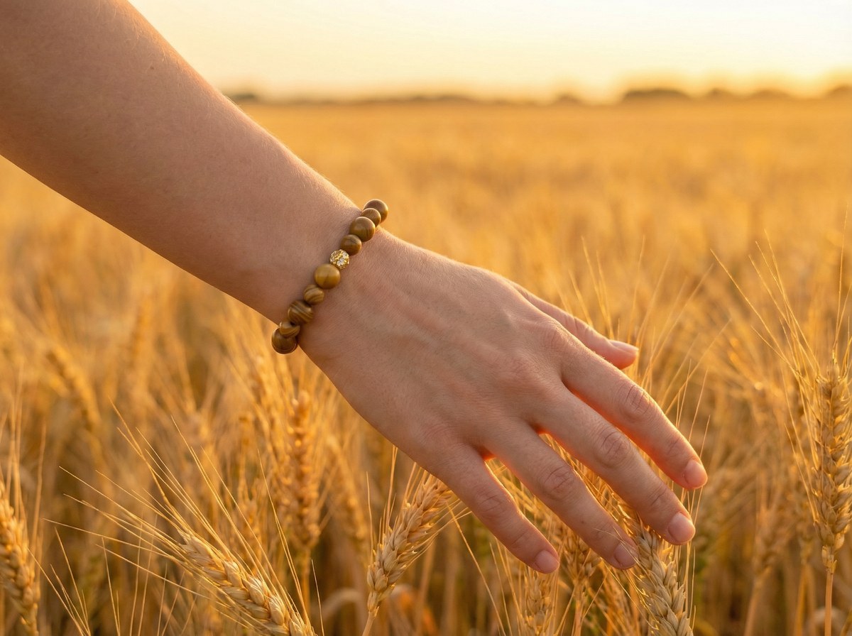 Wood Grain Jasper Bead Bracelet – Gold Pave Accent – 7.5" Stretch