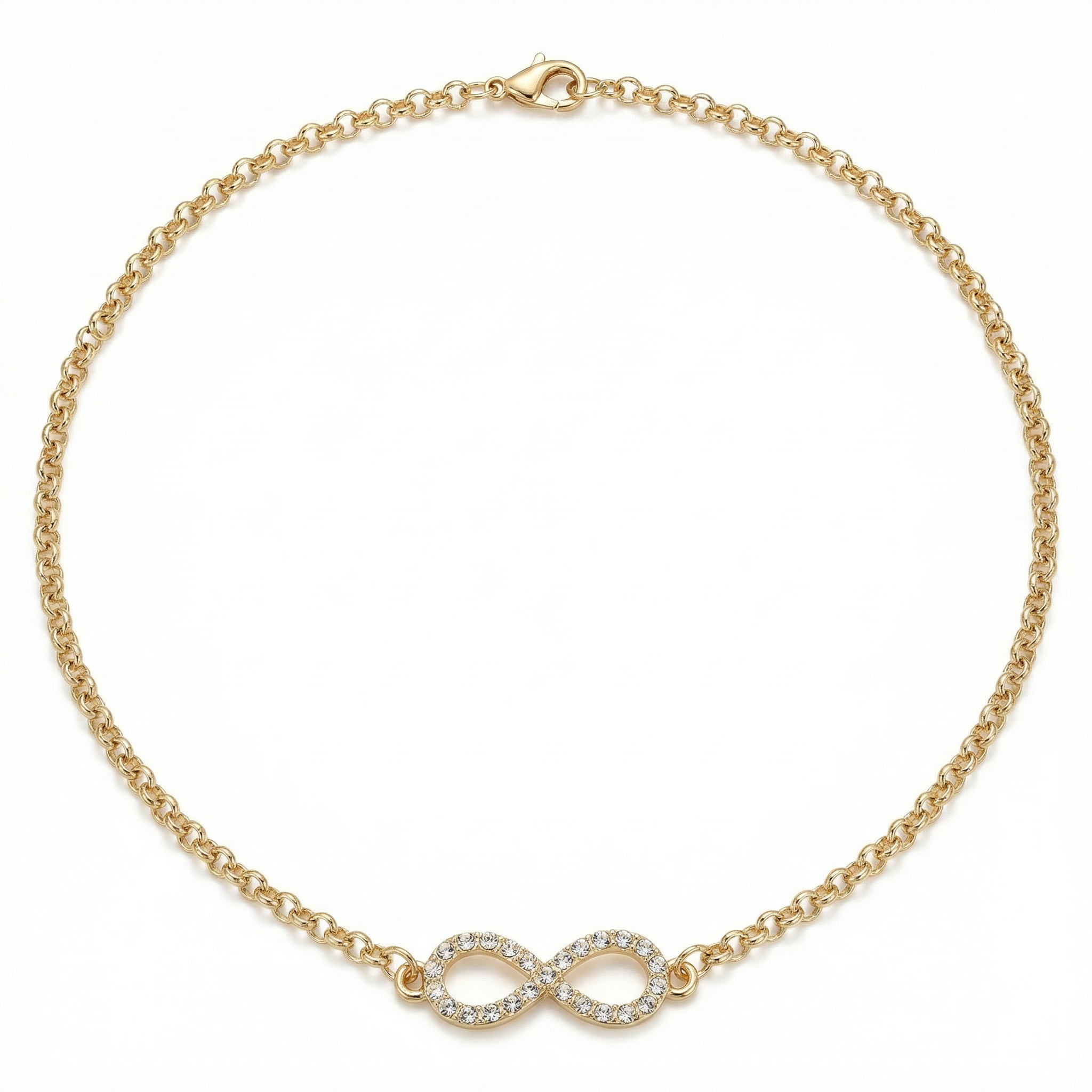 Infinity Bling Necklace - 16in Gold Rolo Chain - White Background