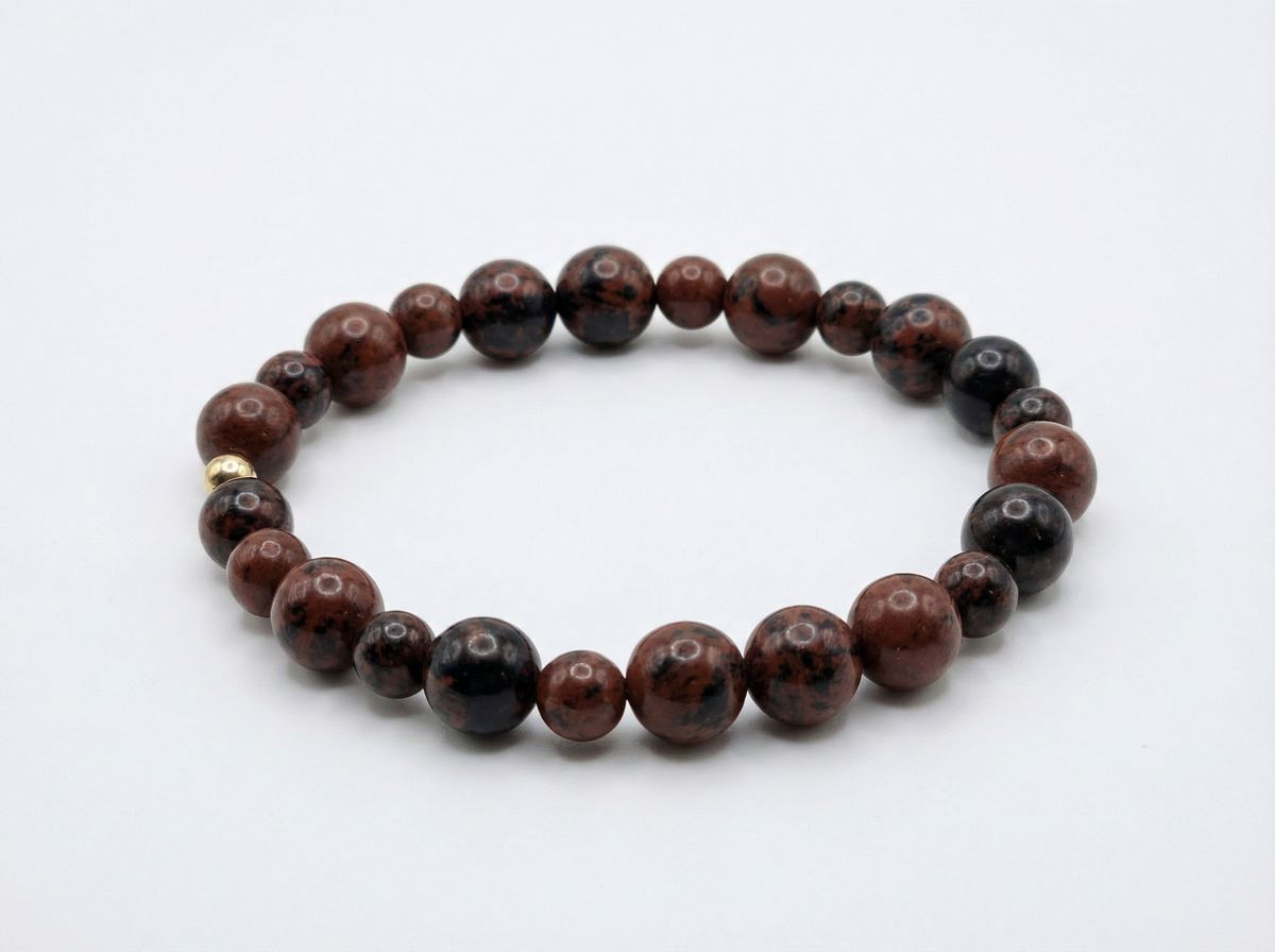 Mahogany Obsidian Bead Bracelet – Gold Accent – 7.5" Stretch
