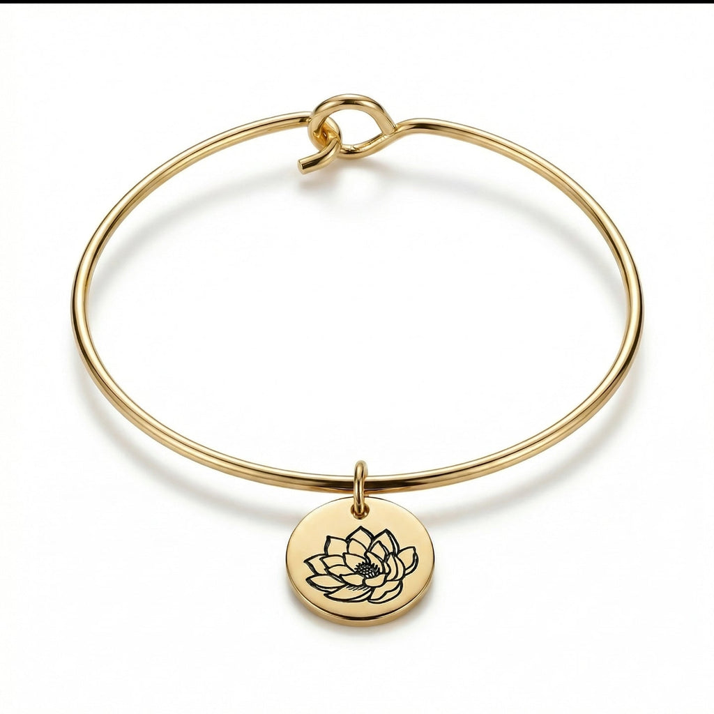 August Gladiolus Birth Flower Charm Bangle - Gold Tone