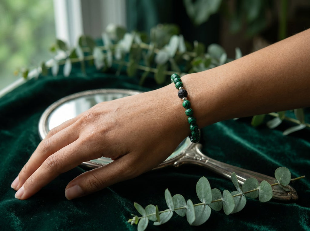 Malachite & Lava Stone Bead Bracelet – Silver Accent – 7.5" Stretch