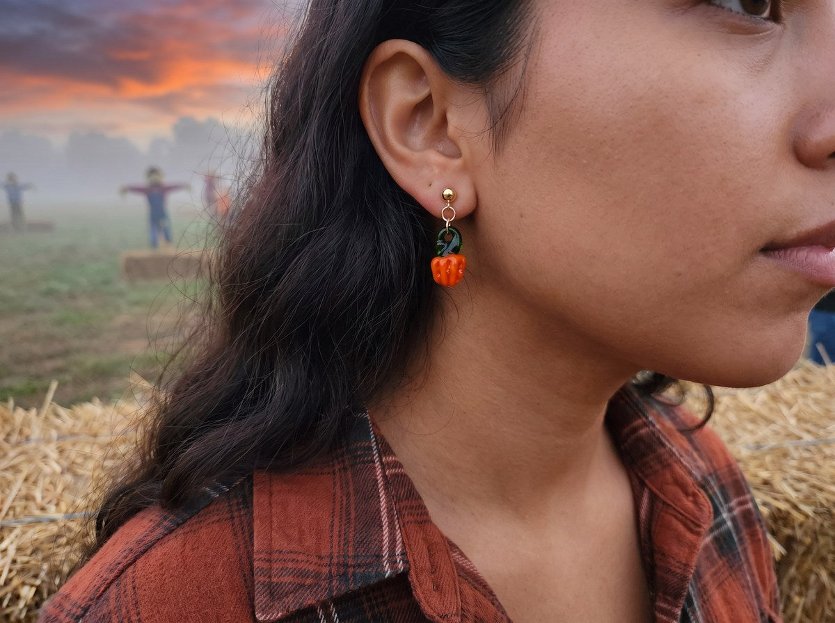 Hand-Blown Glass Pumpkin Dangle Earrings – 24K Gold Plated