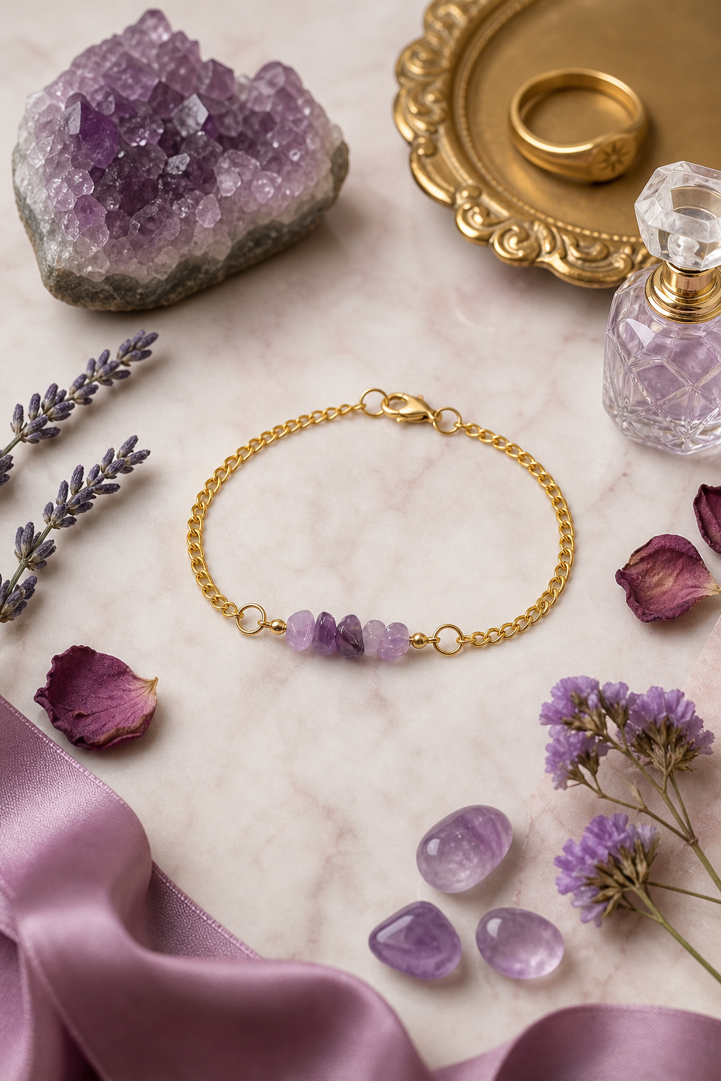 Amethyst Stone Bracelet & Earring Set – 18K Gold Plated Micro Cuban – Adjustable 7.25"–8"