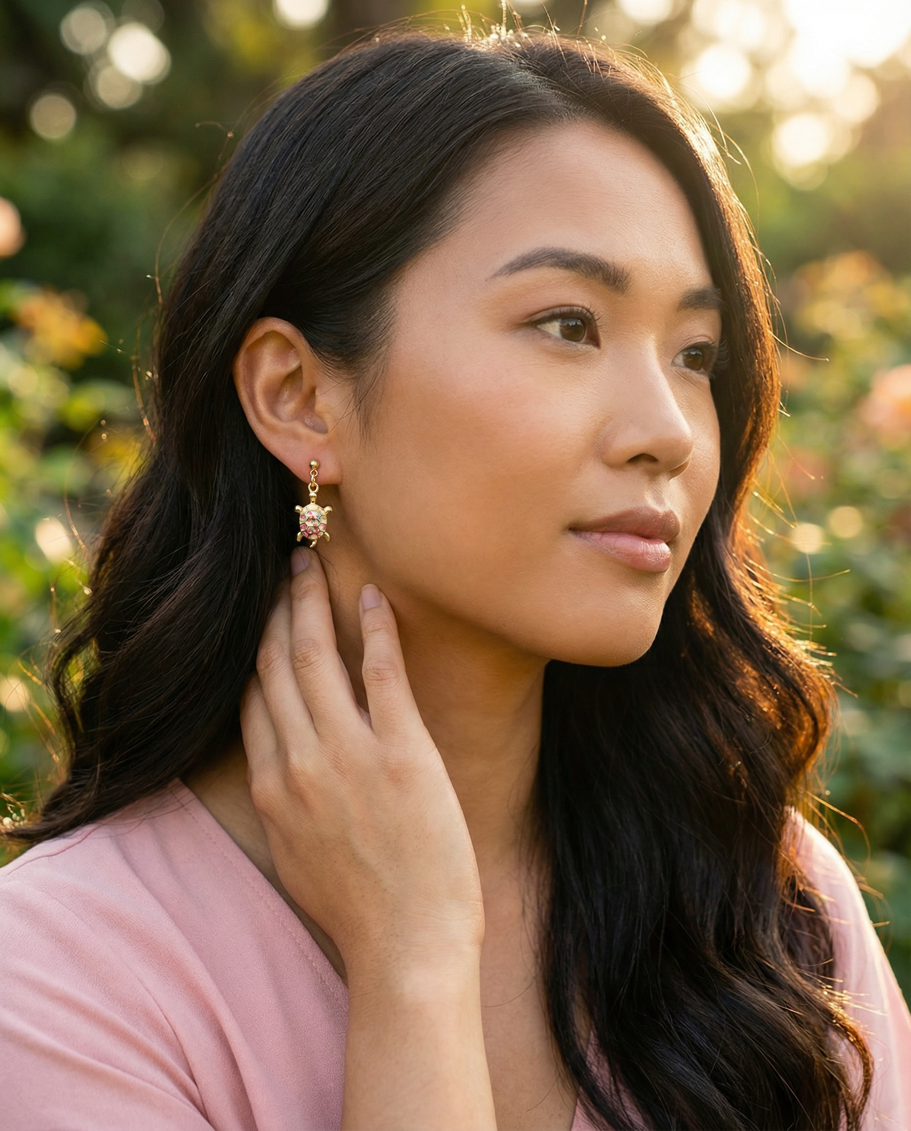 Gold-Tone Floral Turtle Dangle Stud Earrings – 18K Gold Plated – Hypoallergenic