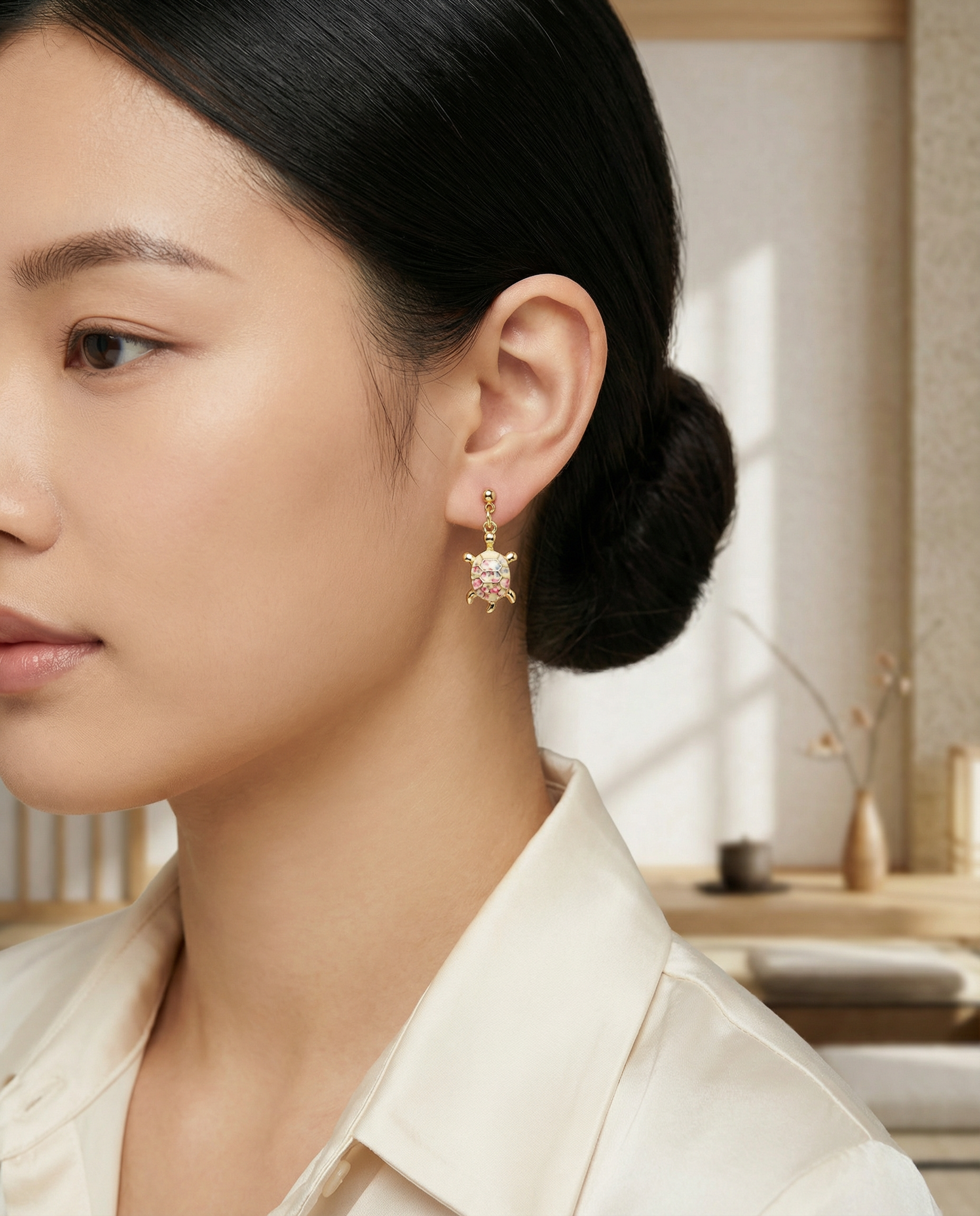 Gold-Tone Floral Turtle Dangle Stud Earrings – 18K Gold Plated – Hypoallergenic