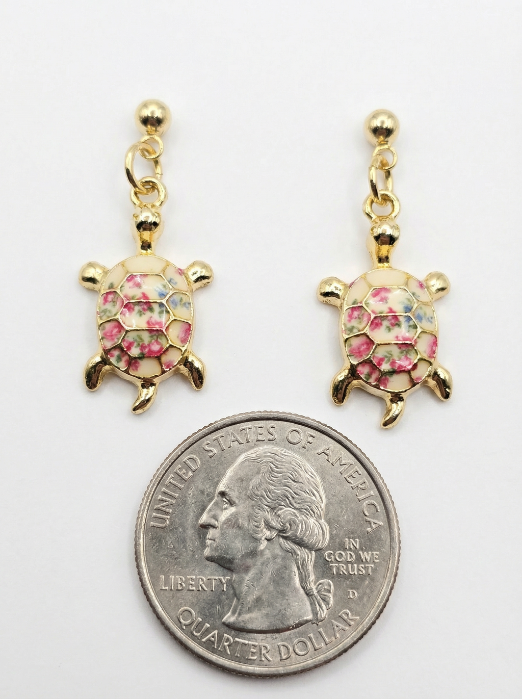 Gold-Tone Floral Turtle Dangle Stud Earrings – 18K Gold Plated – Hypoallergenic