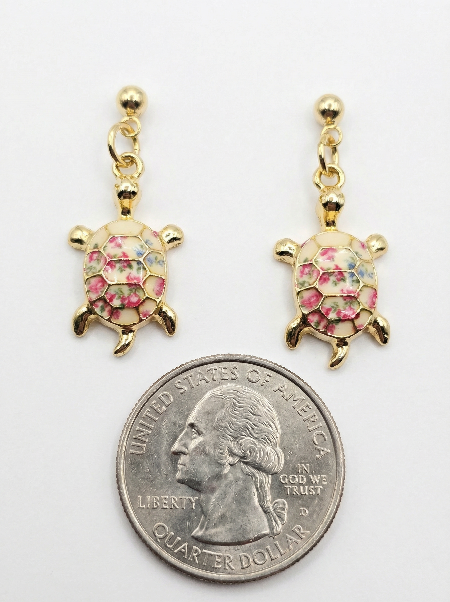 Gold-Tone Floral Turtle Dangle Stud Earrings – 18K Gold Plated – Hypoallergenic