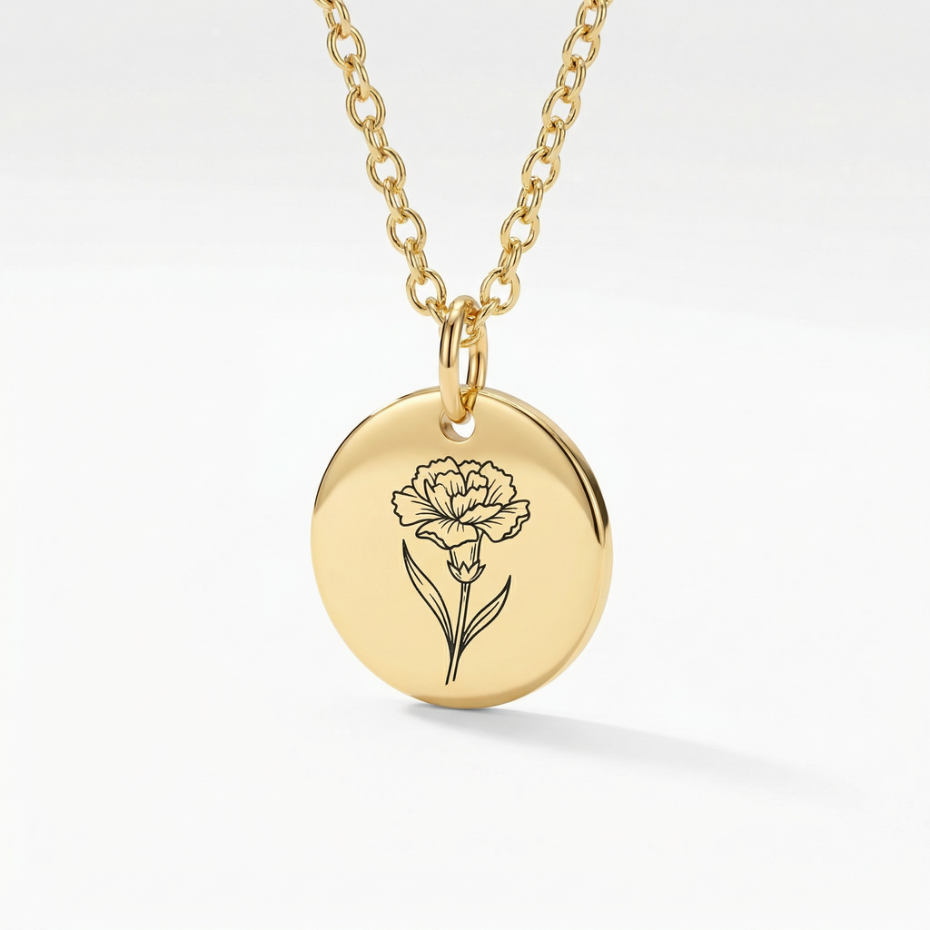 Birth Flower Pendant Necklace – 18K Gold Plated Rolo Chain – 18"
