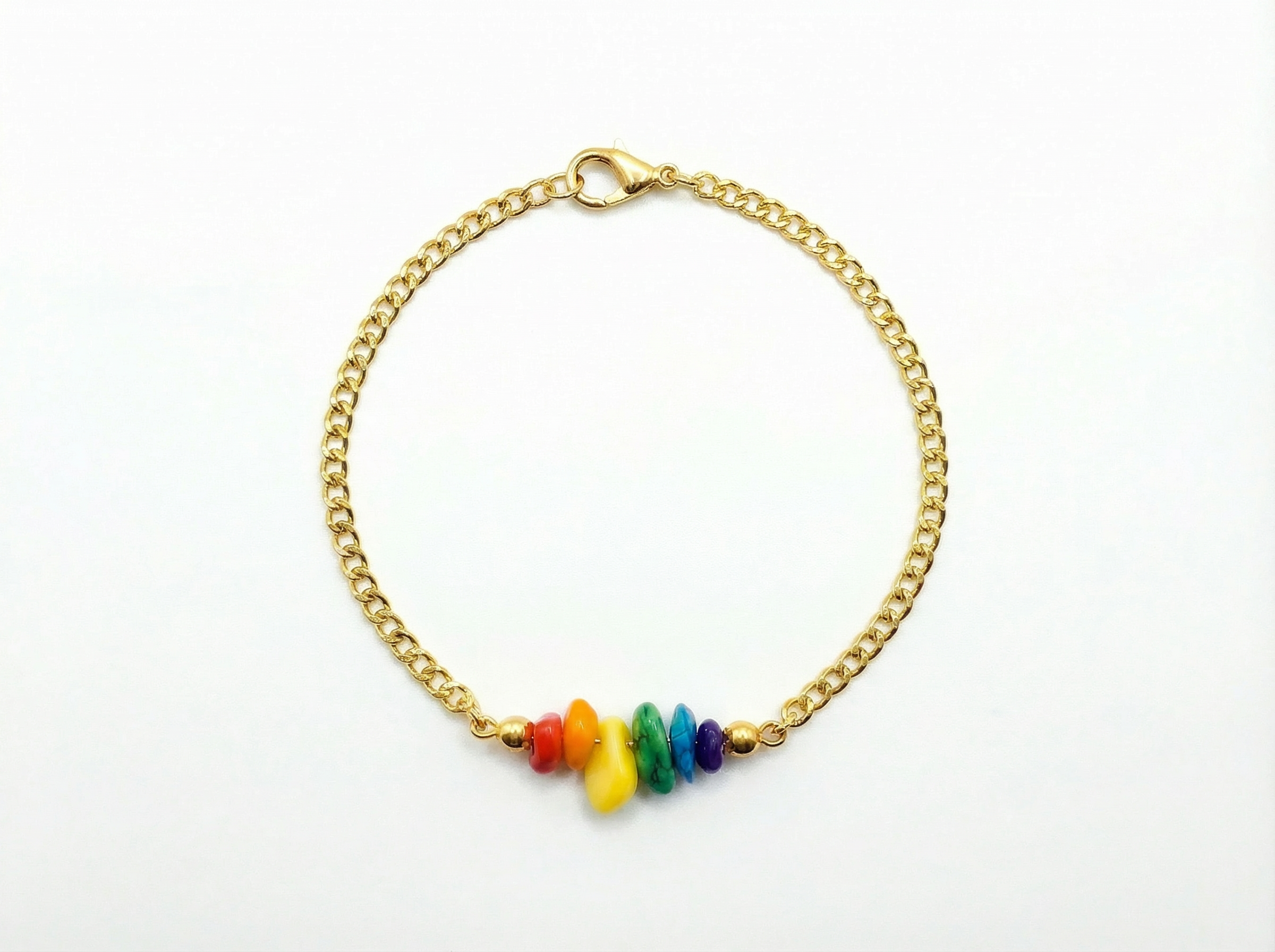 Rainbow Chip Stone Bead Bracelet – 18K Gold Plated Micro Cuban Chain – 7.5"