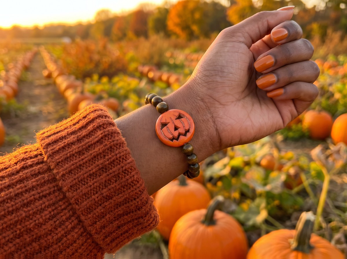 Wood Bead & Carved Howlite Pumpkin Bracelet – 7" Stretch