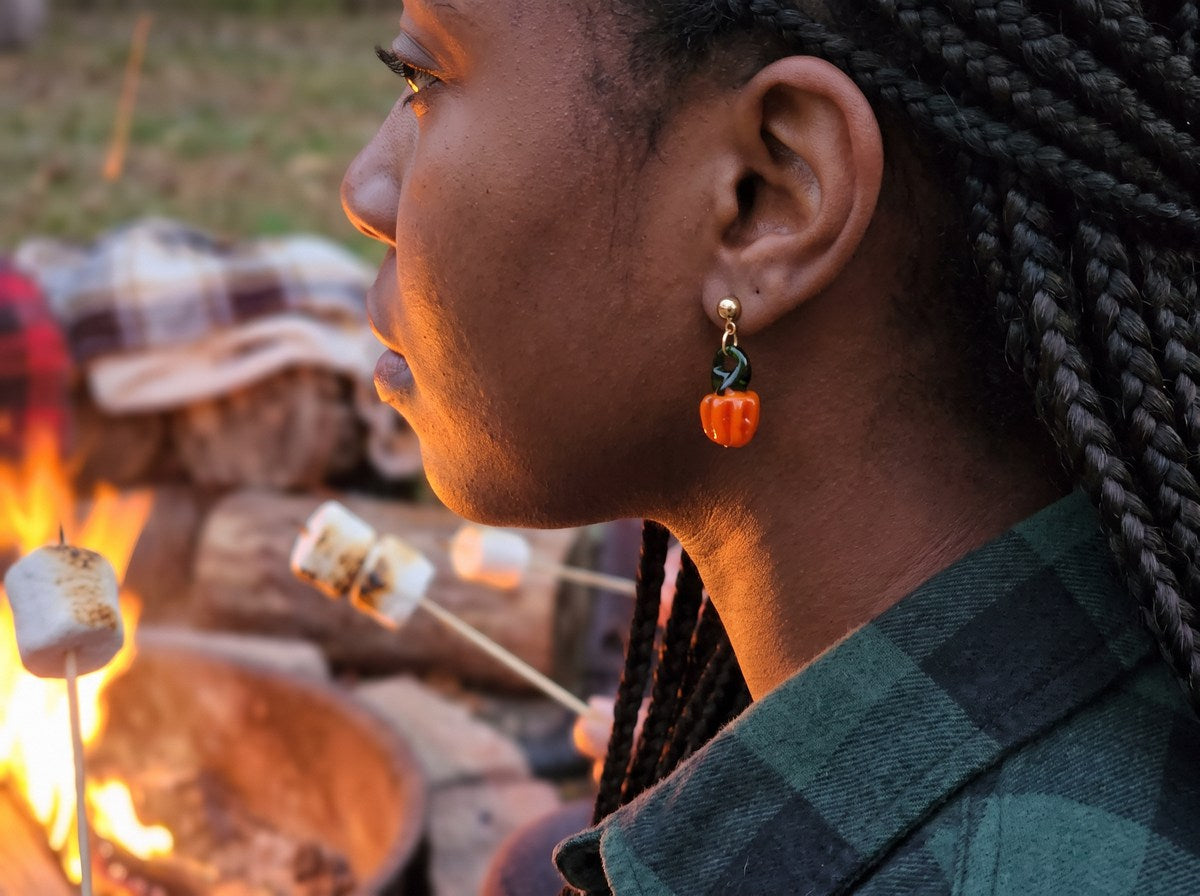 Hand-Blown Glass Pumpkin Dangle Earrings – 24K Gold Plated