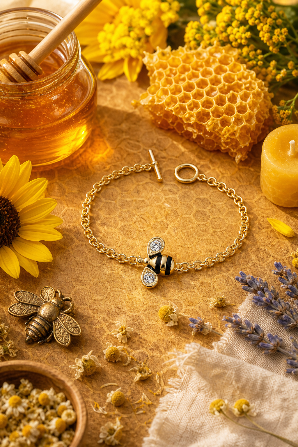 Gold-Tone Bee T-Bar Rolo Bracelet – Sparkling Bee Charm – 8"