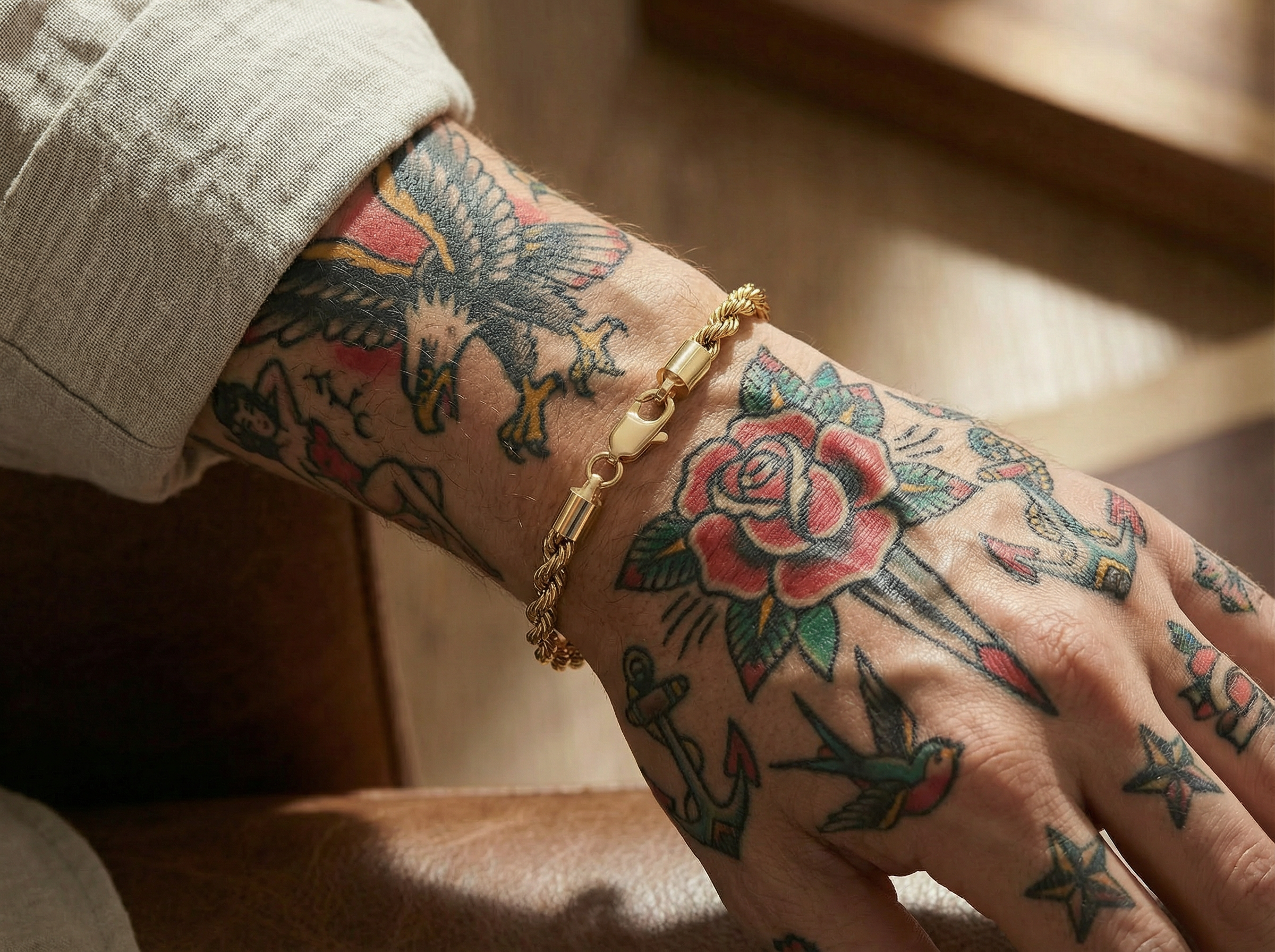 18K Gold Plated Rope Chain Bracelet worn on wrist