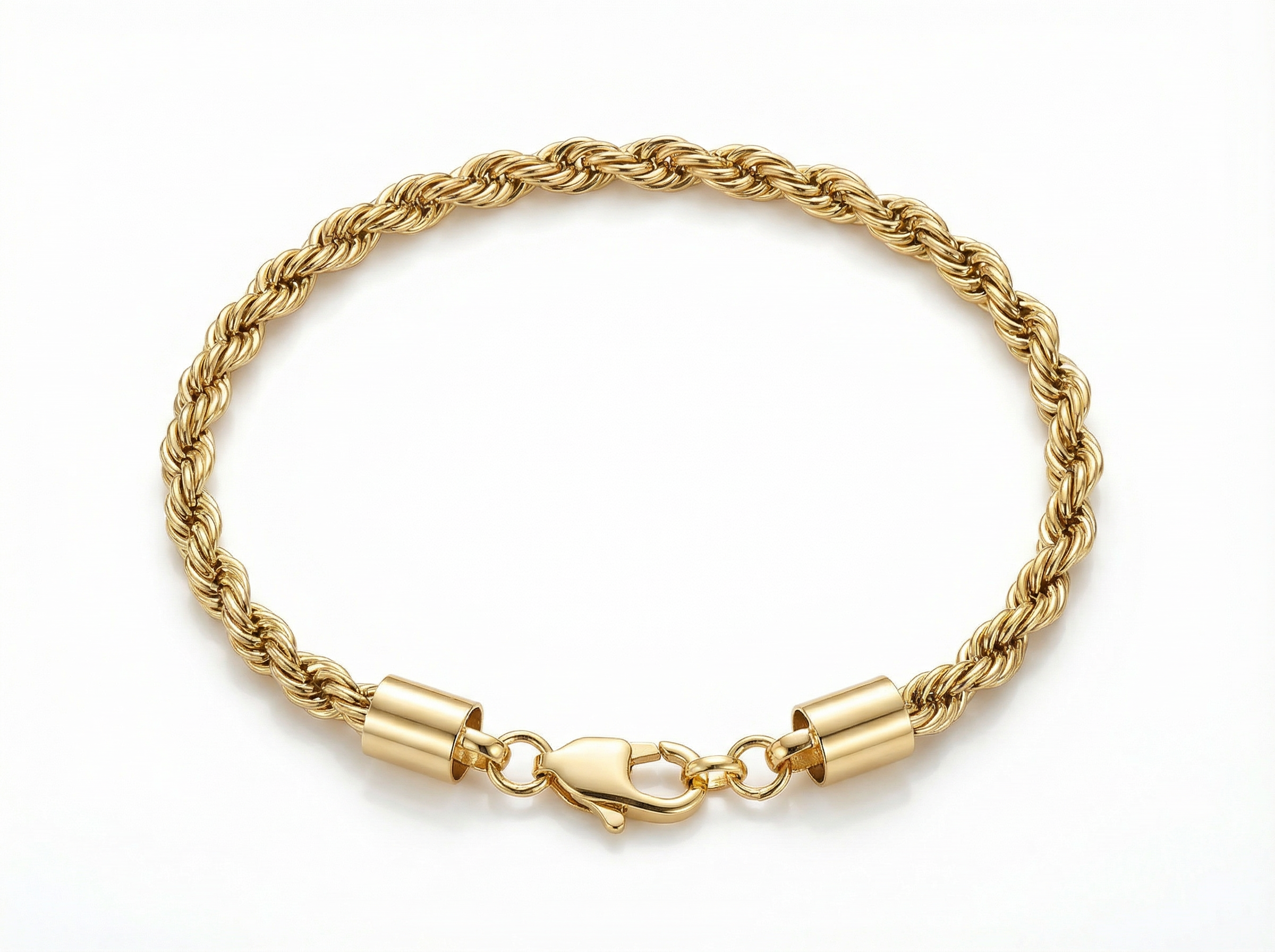 7.75 inch 4mm 18K Gold Plated Rope Chain Bracelet with Lobster Clasp