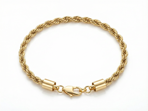 7.75 inch 4mm 18K Gold Plated Rope Chain Bracelet with Lobster Clasp