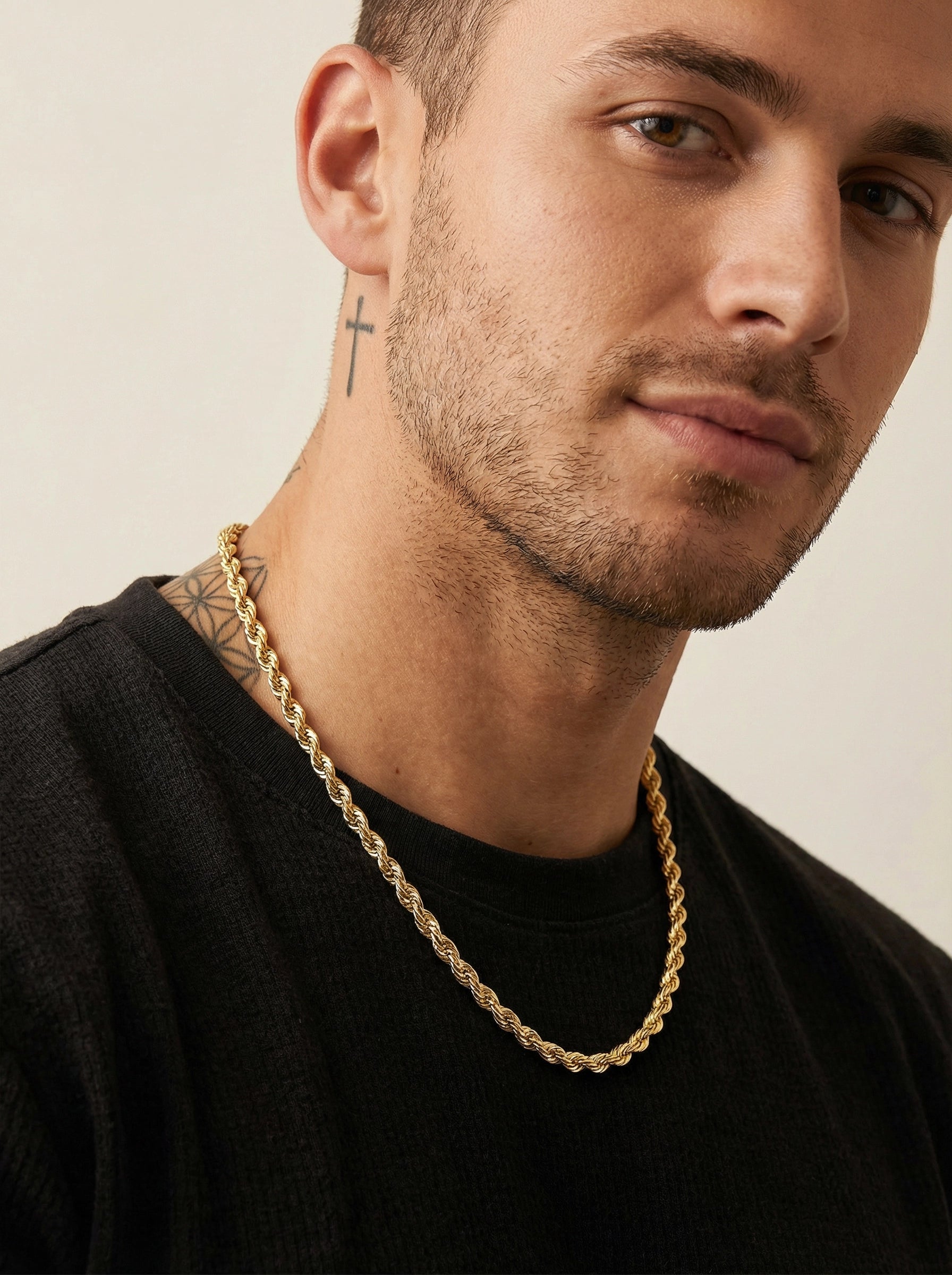 Men's 3mm Diamond Cut Twisted Rope Chain Necklace - 14K Gold Plated - Model