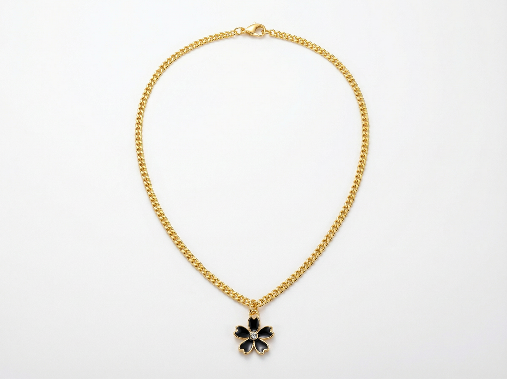 Cherry Blossom Pendant Necklace – 18K Gold Plated Cuban Chain – 17"
